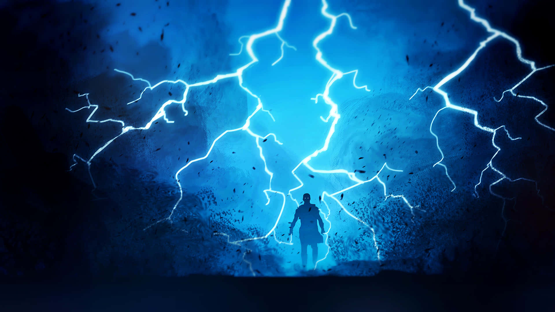 夜間閃電襲擊 壁紙 — 一個孤獨的身影在令人目眩的藍色閃電風暴下敬畏地站著，照亮了一個洞穴般的虛空。