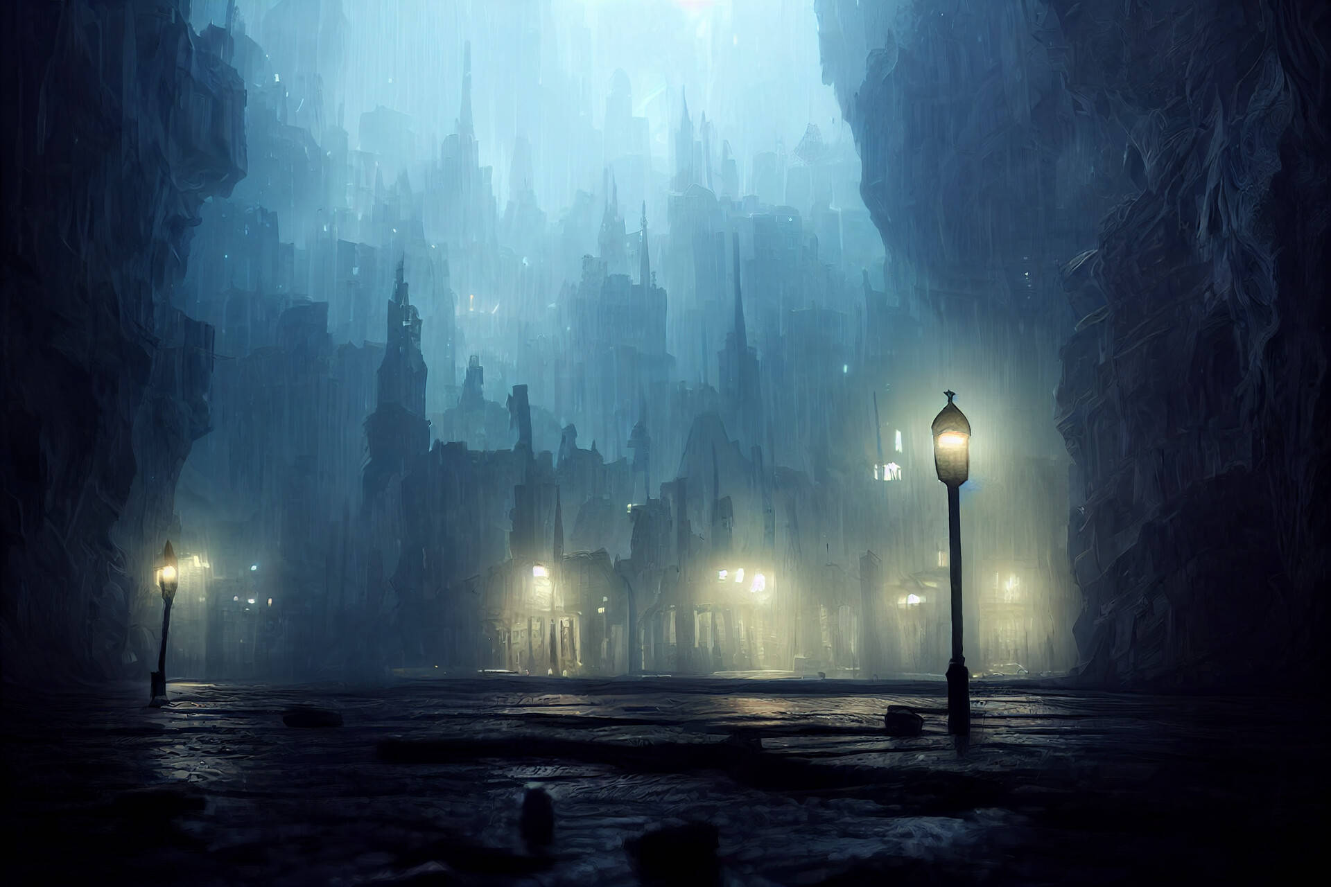 峽谷中的哥德式城市，夜晚，雨中發光的街燈。