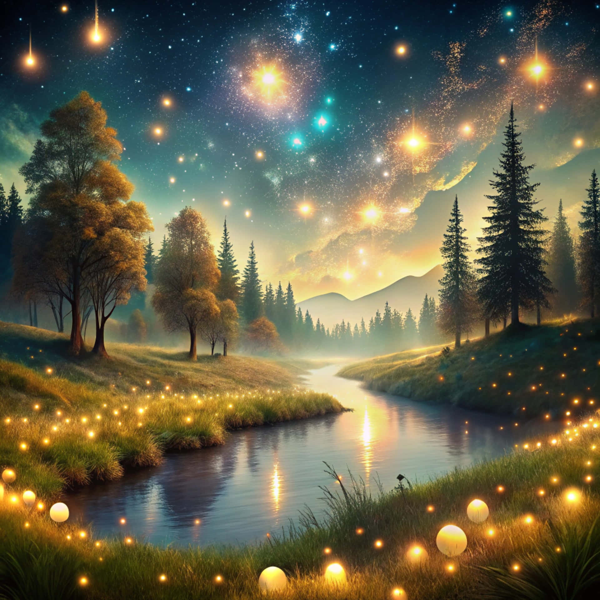 一條發光的河流在星空下穿過森林，帶有金色和藍綠色的光芒。