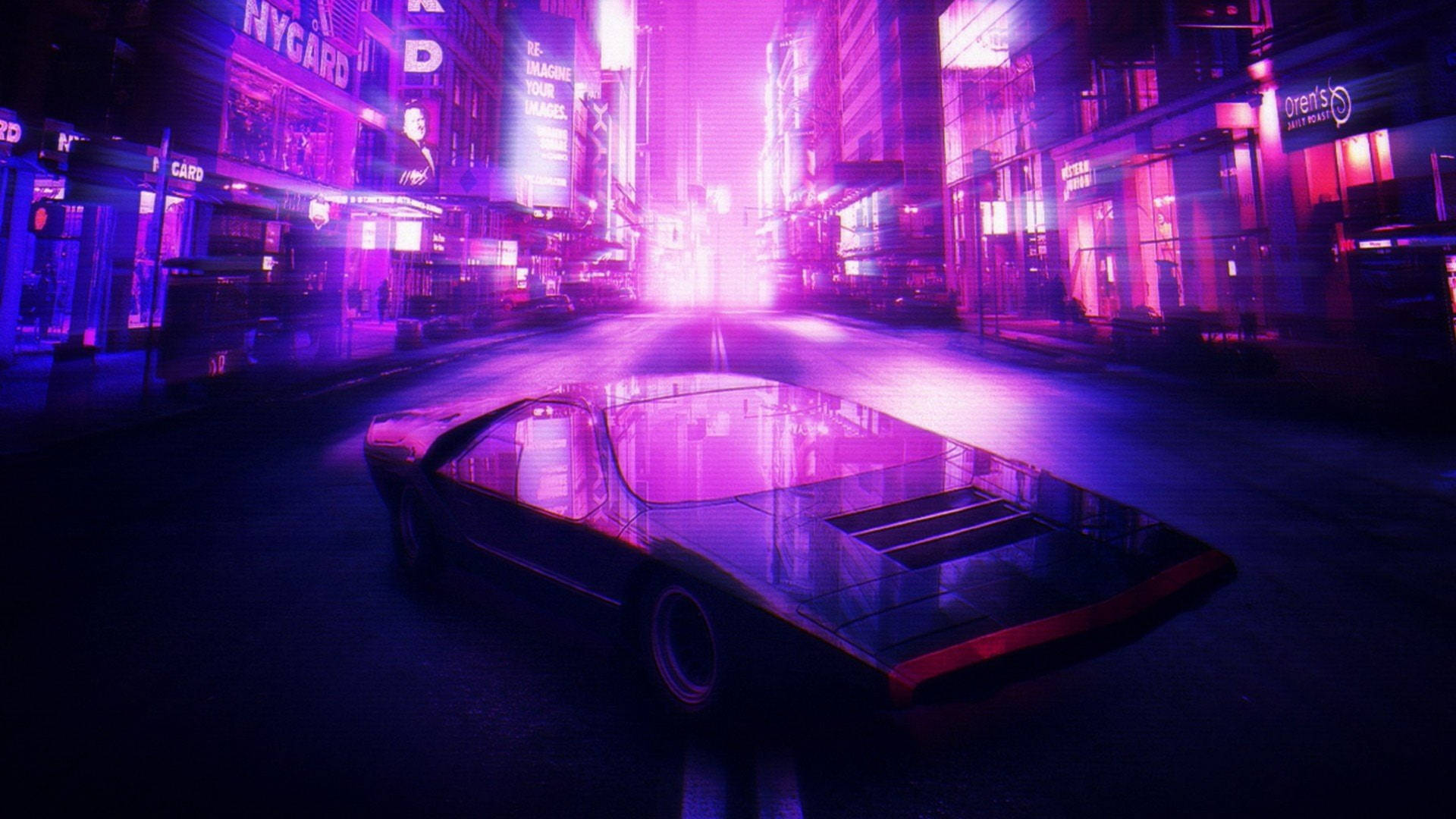 夜晚霓虹燈照亮的城市街道上的未來主義汽車