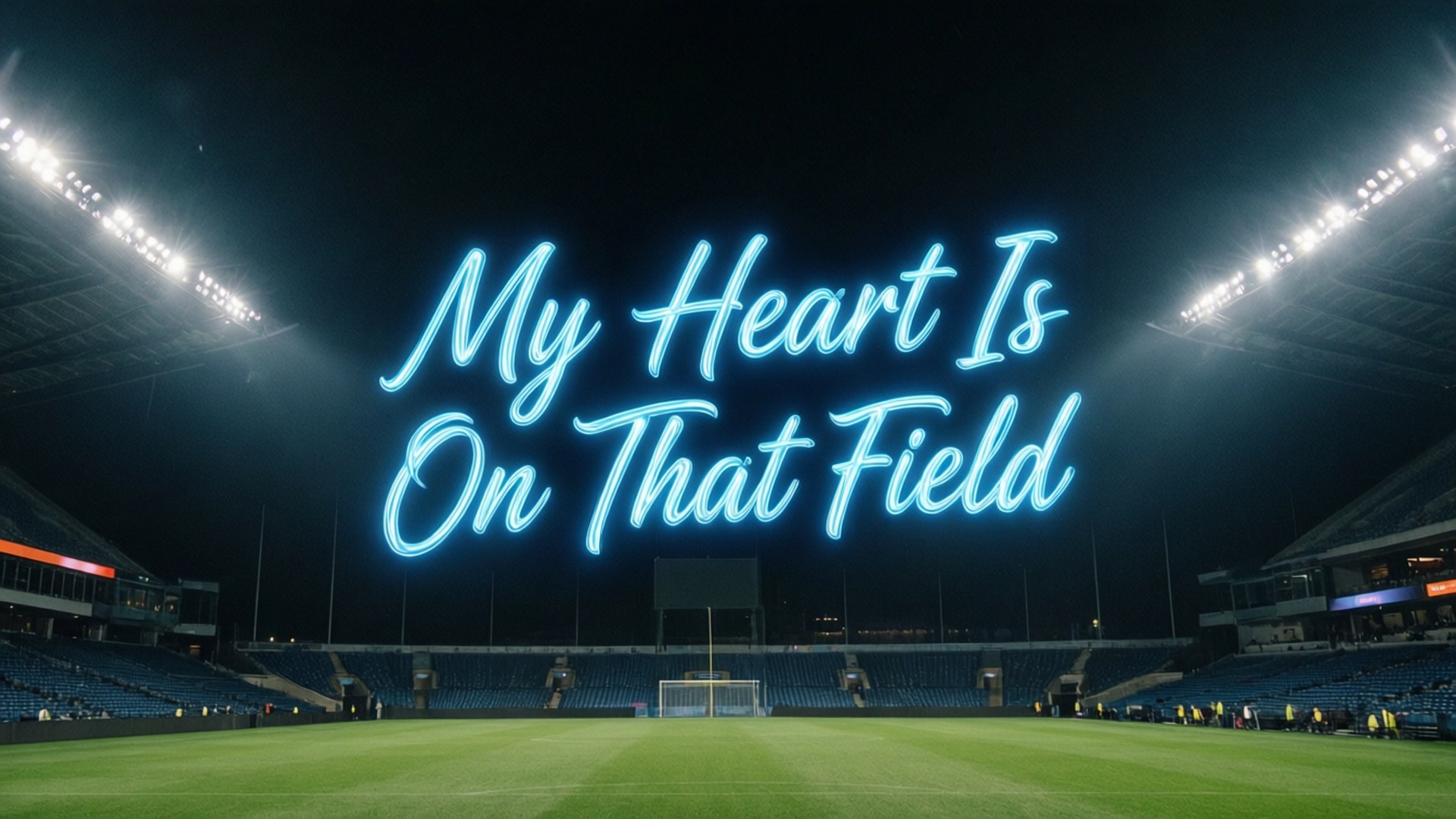 夜間體育場燈光 壁紙 — 一個發光的霓虹燈牌寫著「My Heart Is On That Field」，照亮了夜晚空無一人的足球場。