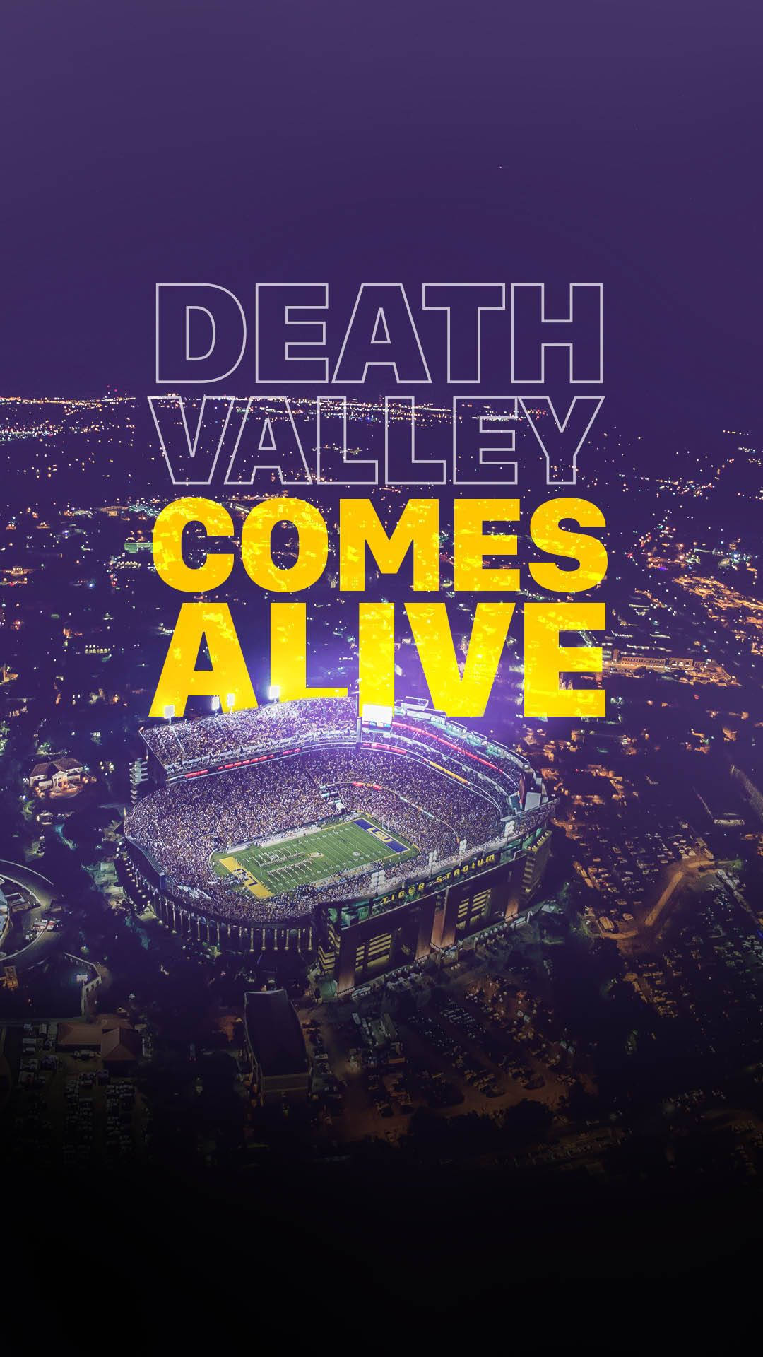 Geaux Tigers！ 壁紙 — 夜間鳥瞰一個擠滿人的足球場，在紫色和黃色燈光下發光，並帶有粗體文字疊加。