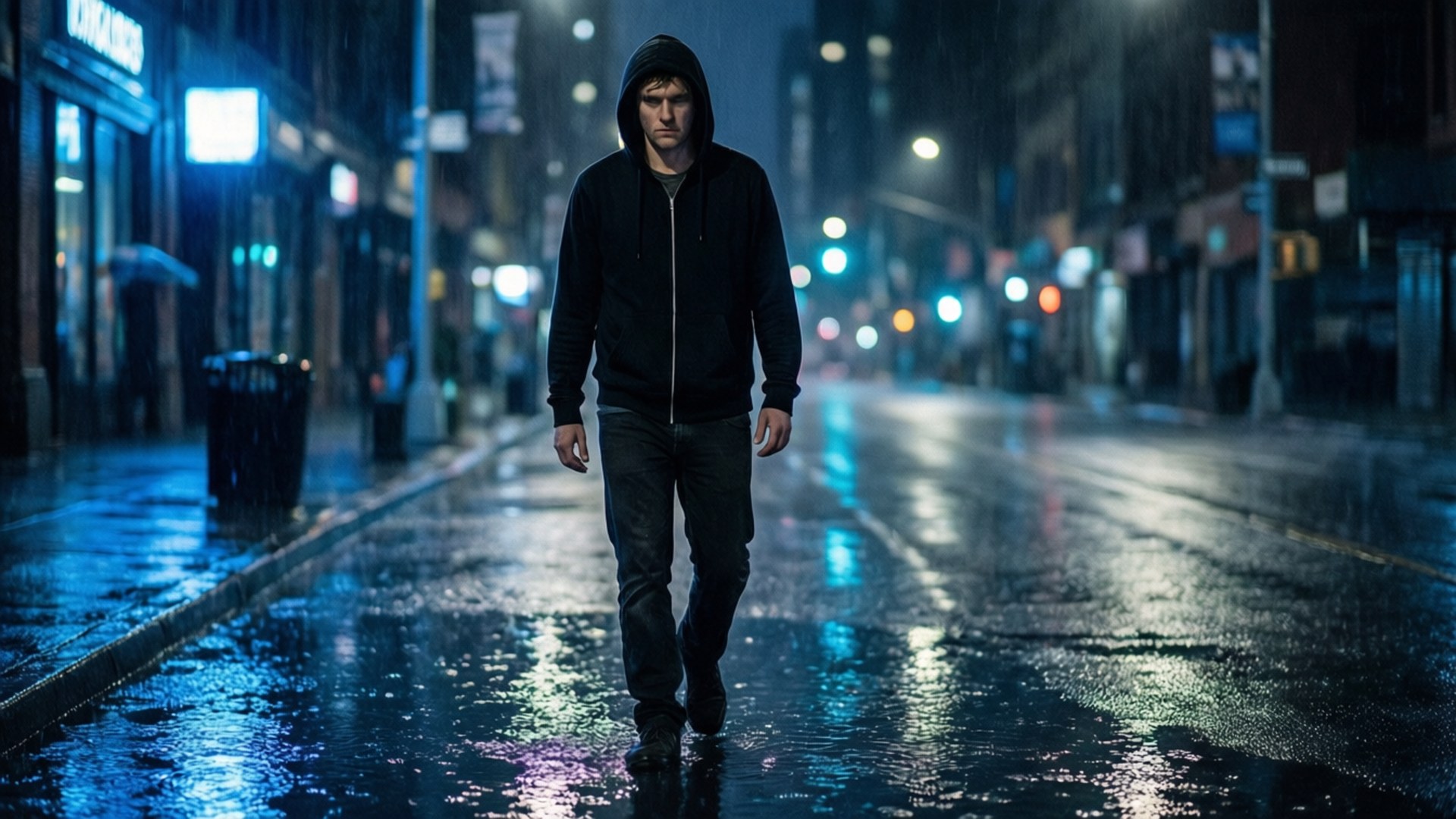 一個穿連帽衫的男子在夜晚獨自走在雨中的城市街道上。