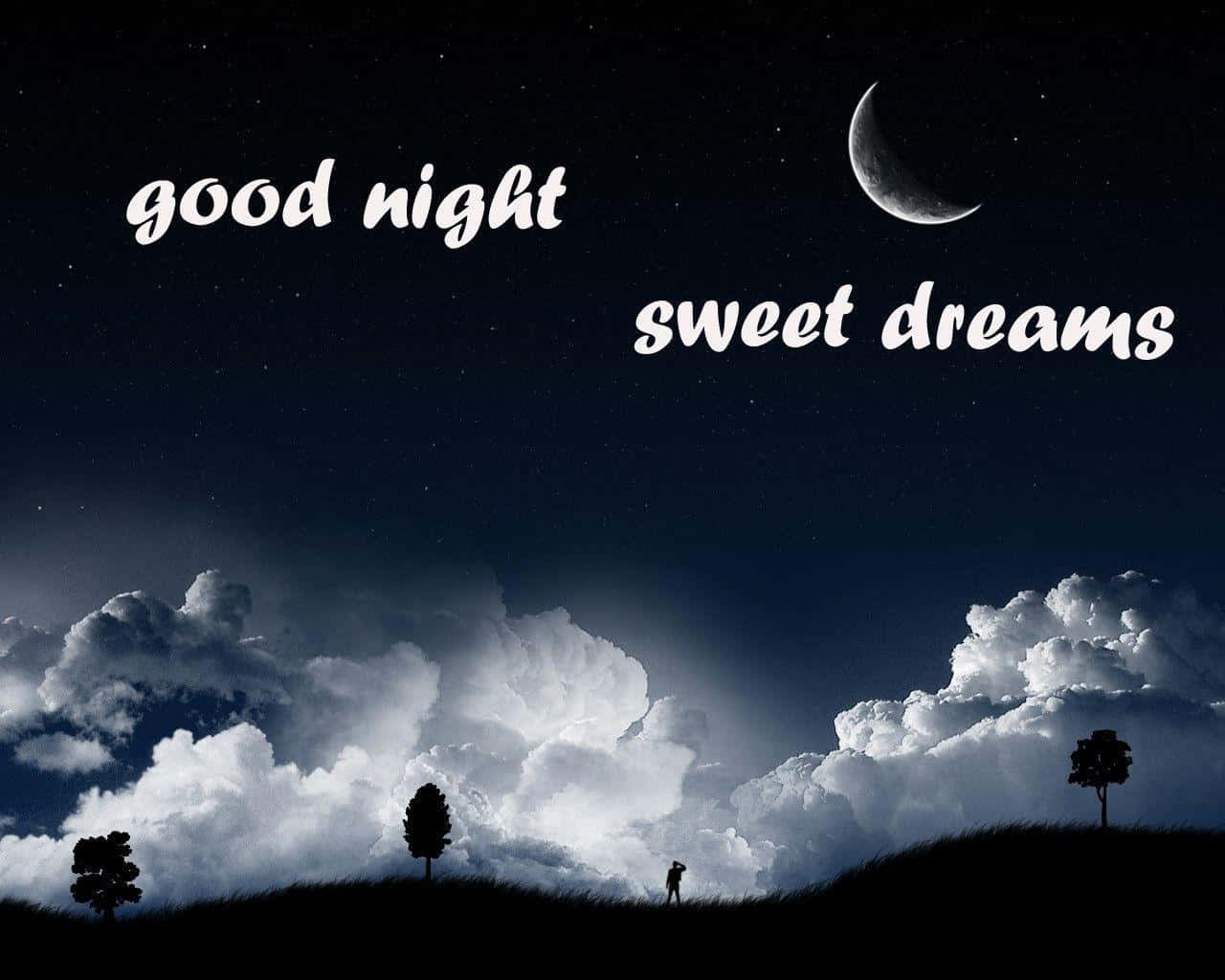 夜雲晚安圖 壁紙 — 一個孤獨的身影站在長滿草的山丘上，背景是繁星點點的夜空、一彎新月，以及粗體白色文字「晚安，好夢」。
