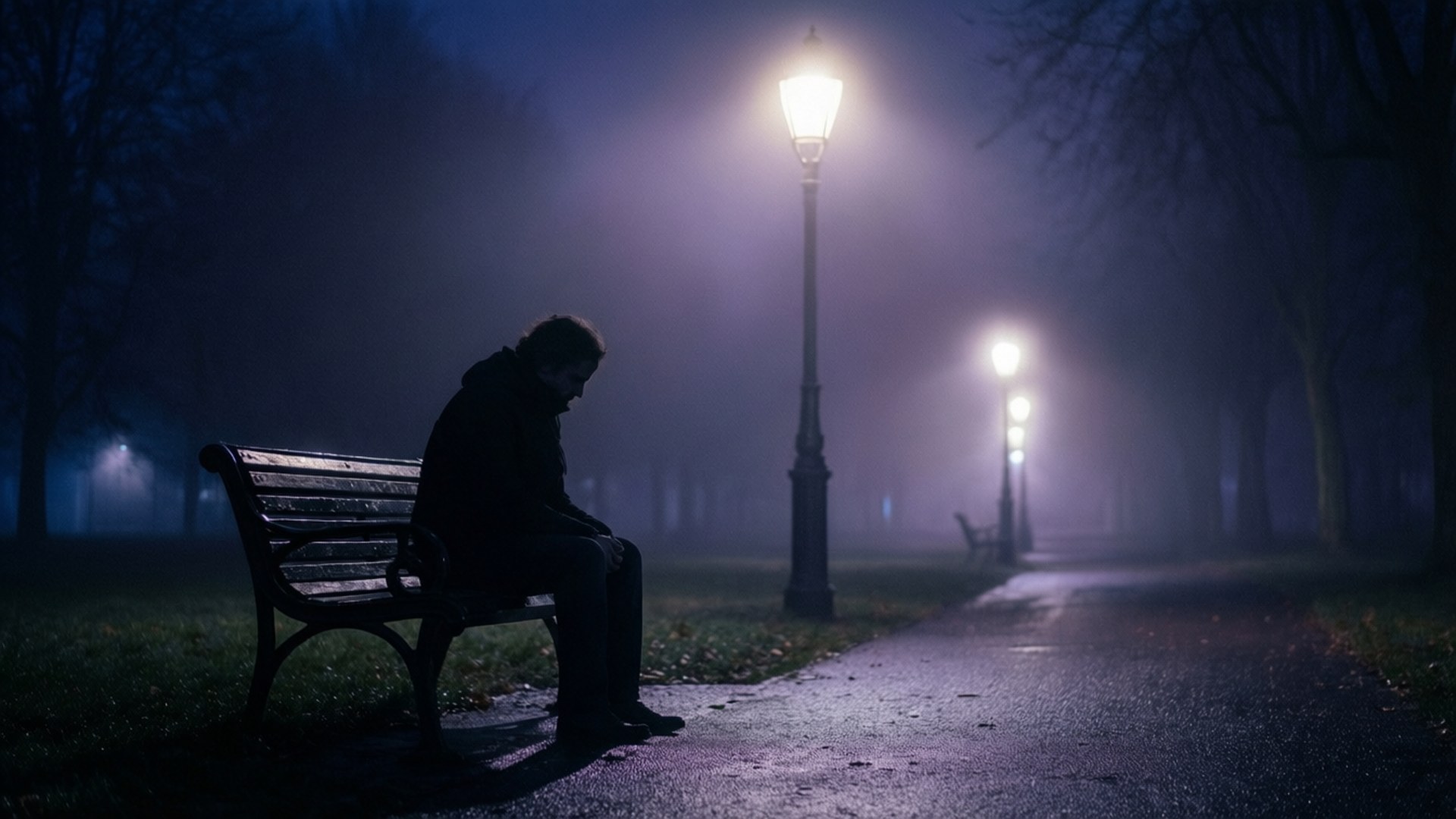 夜晚，一個人在迷霧公園的街燈下獨自坐在長椅上。