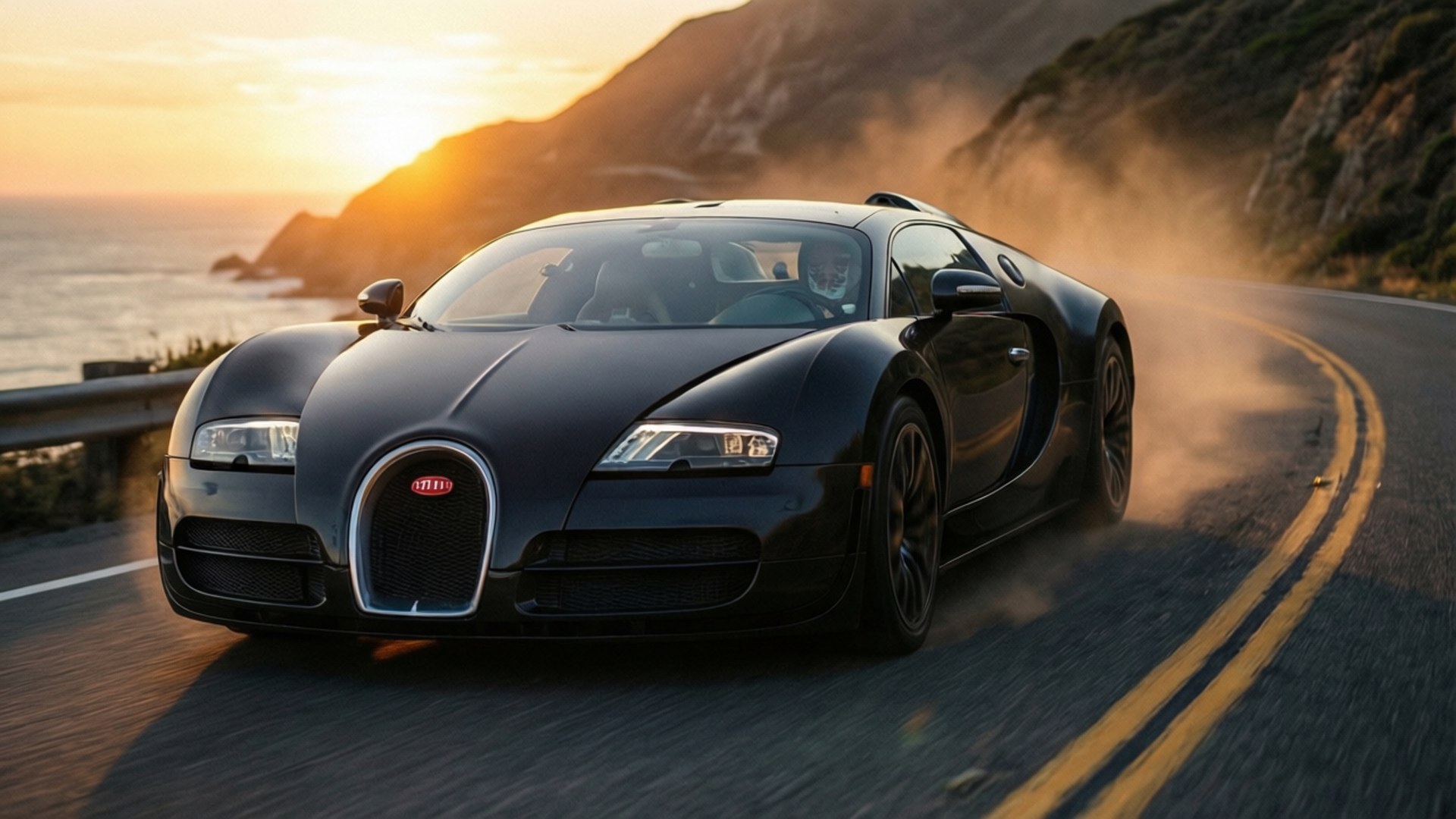 黑色Bugatti Veyron在日落時分沿海岸公路飛馳揚起灰塵