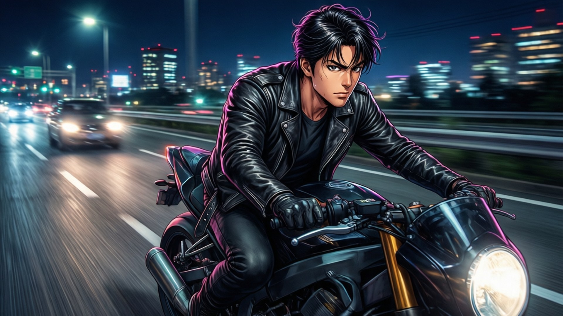夜騎摩托車 壁紙 — 一個堅定的動漫風格電單車手，身穿黑色皮褸，在霓虹燈照亮的城市夜晚，騎著流線型電單車穿過模糊的車流和發光的摩天大樓。