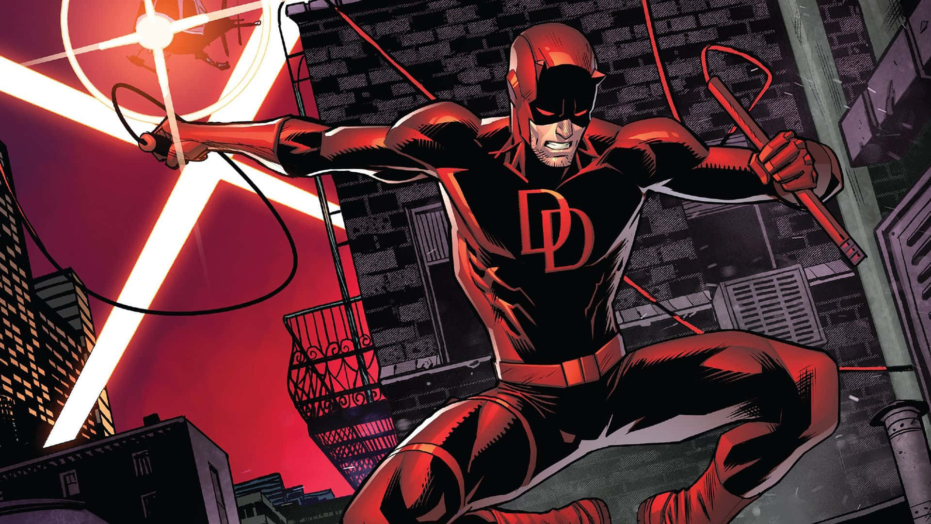 夜魔俠征服布朗克斯 壁紙 — Daredevil 身穿紅黑戰衣，在火紅夕陽天空下，以發光的紅色蛛網線條穿梭城市天際。