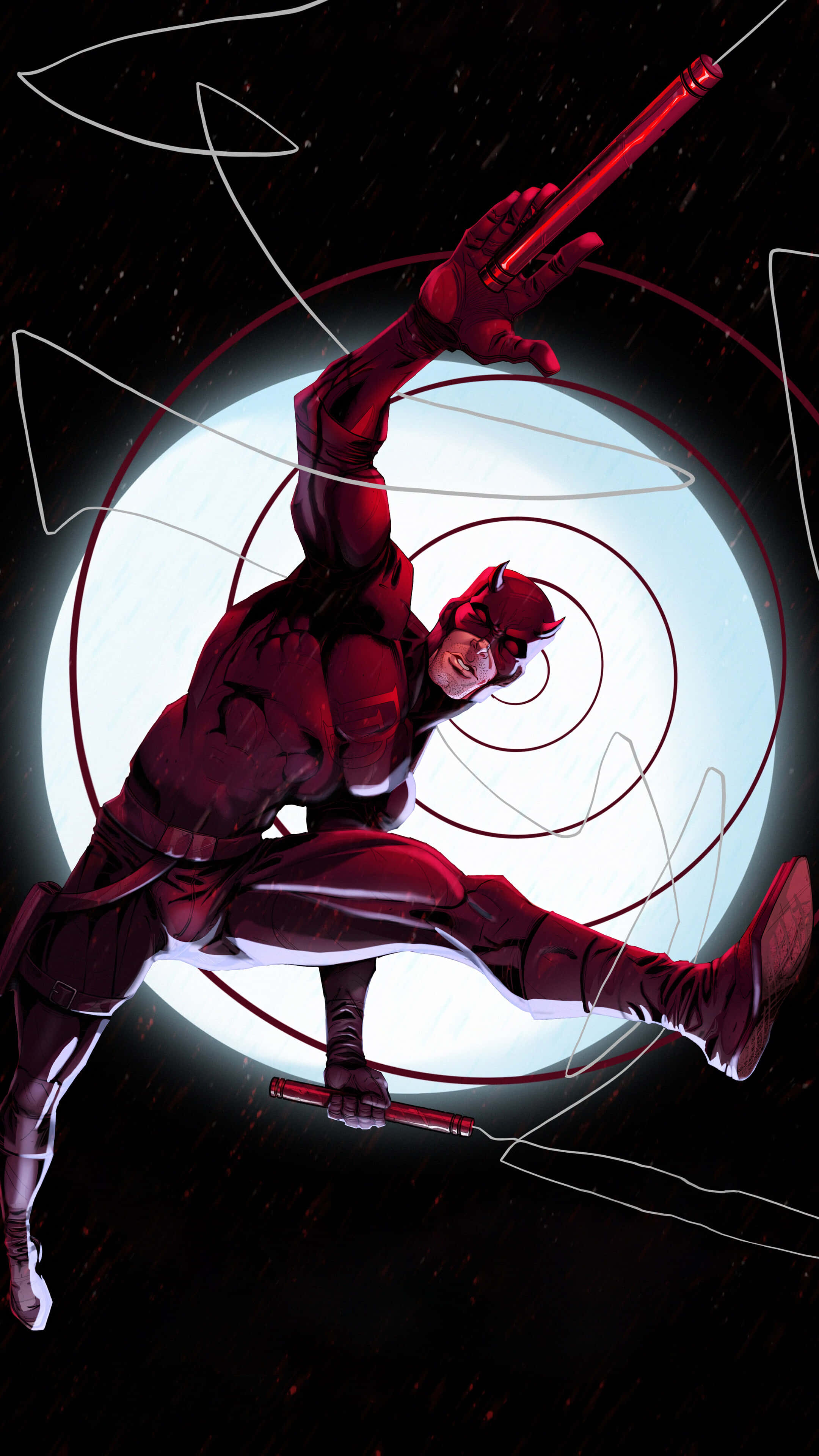 夜魔俠漫畫插畫 壁紙 — Daredevil 身穿紅色戰衣，在帶有旋轉紅線的發光白色圓形背景前動態跳躍。