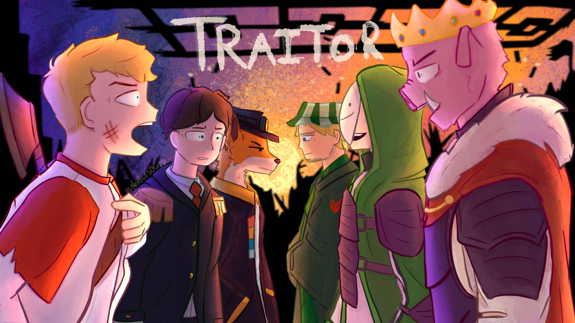 五個動漫角色在火紅的天空下緊張對峙，他們上方有「TRAITOR」這個詞。