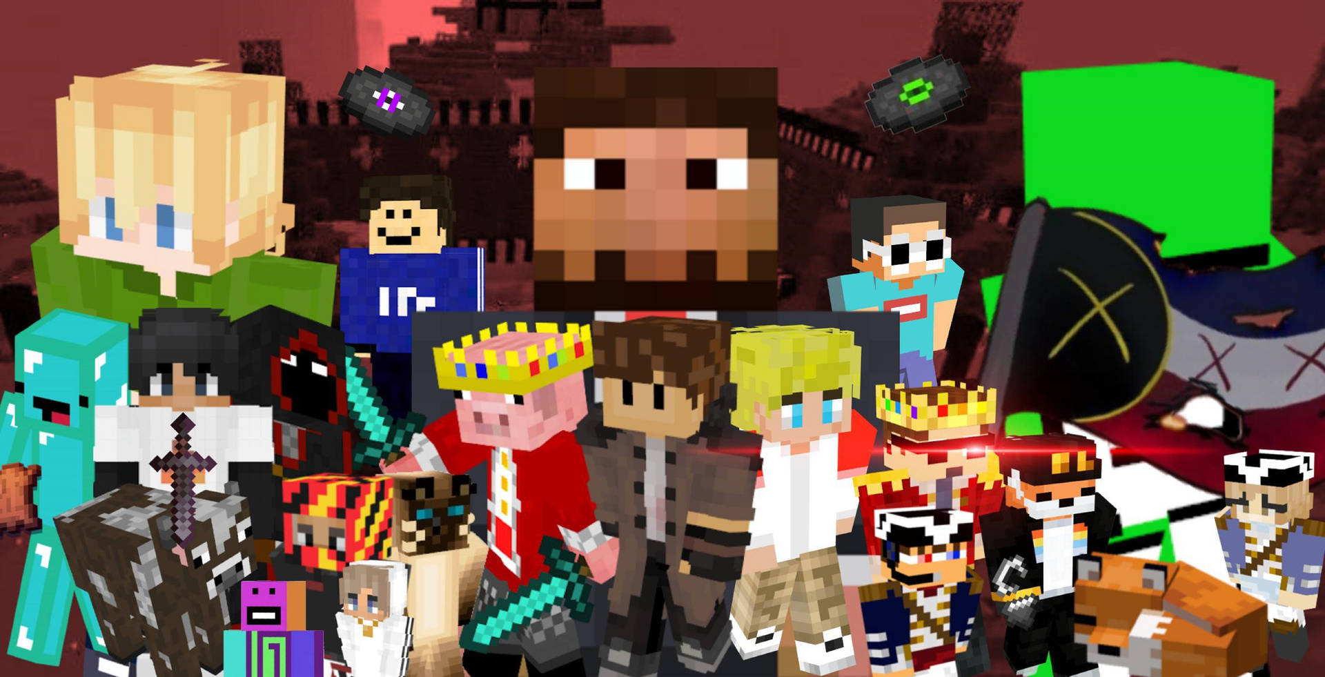 一群穿著鮮豔服裝的Minecraft像素角色站在一起。