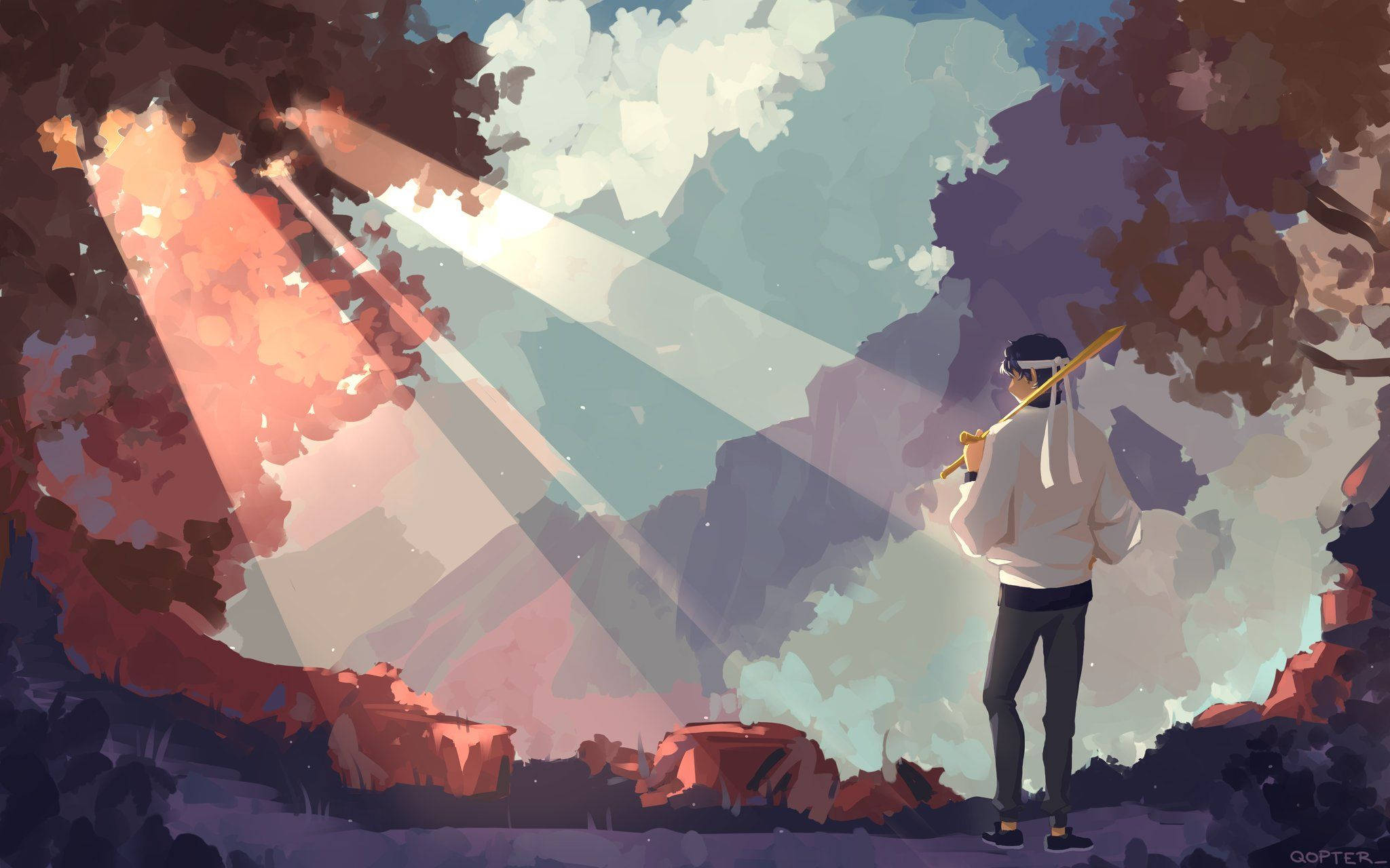 夢不見尋找 樹影夕陽 壁紙 — 一個孤獨的身影站在森林中，沐浴在穿過樹木和雲層的溫暖陽光下。