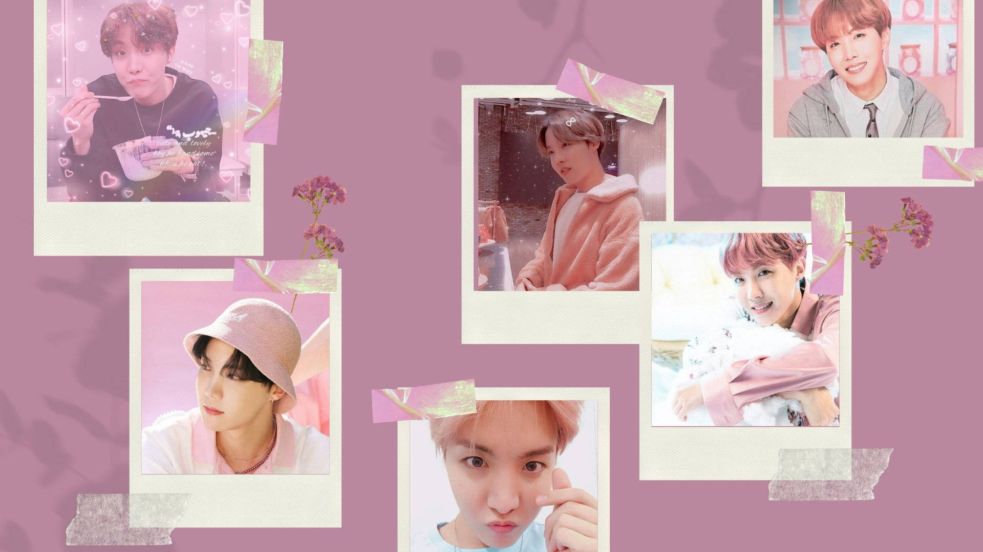夢幻 J-Hope 桌面背景 壁紙 — 一幅寶麗來風格照片拼貼，展示一位年輕男子在柔和粉紅色背景上以各種姿勢和服裝出現，並帶有花卉點綴。