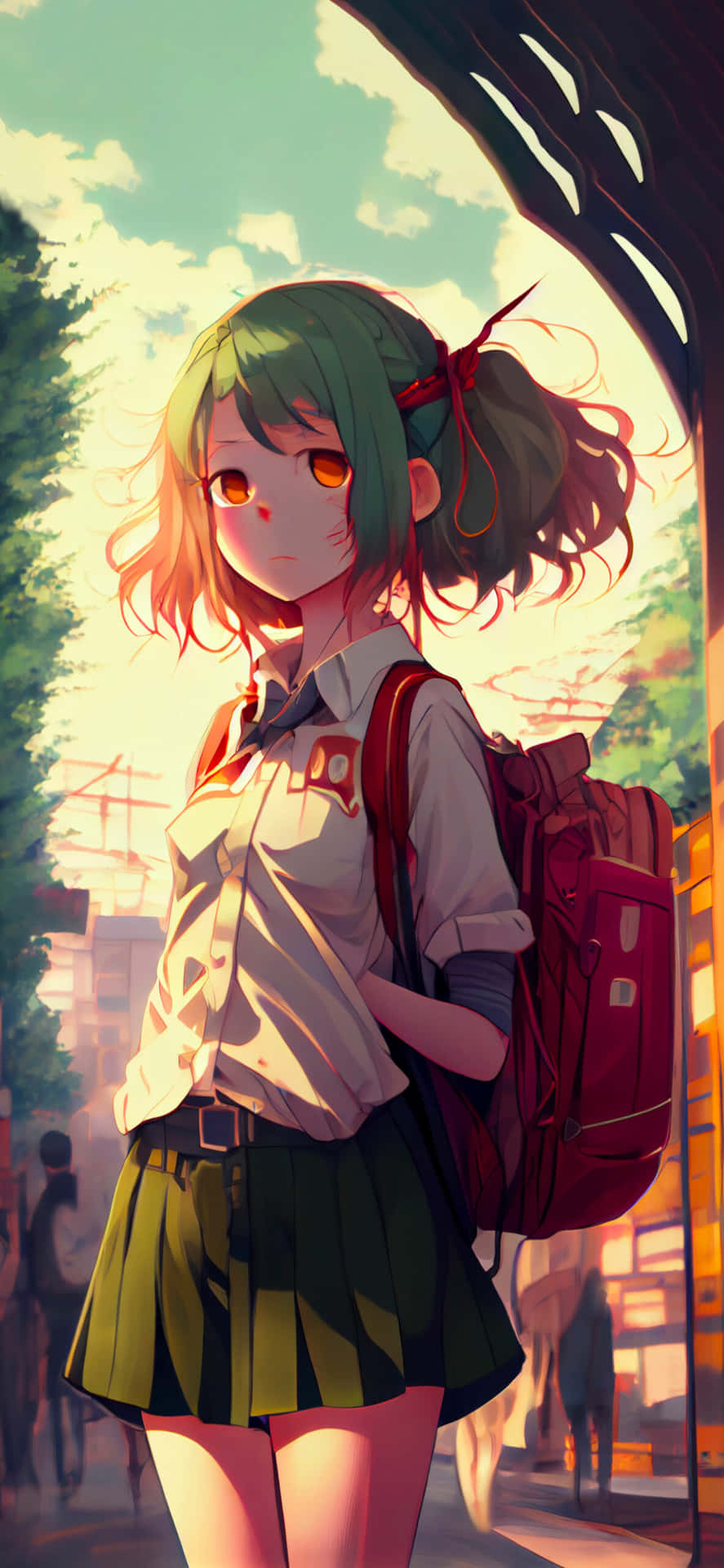 動漫女孩穿校服背紅色背包站在陽光街道樹下。