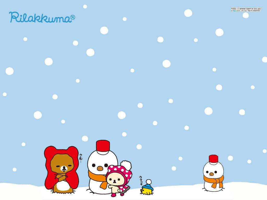 Rilakkuma和朋友們穿著冬季裝備，與雪人一起在飄雪中。