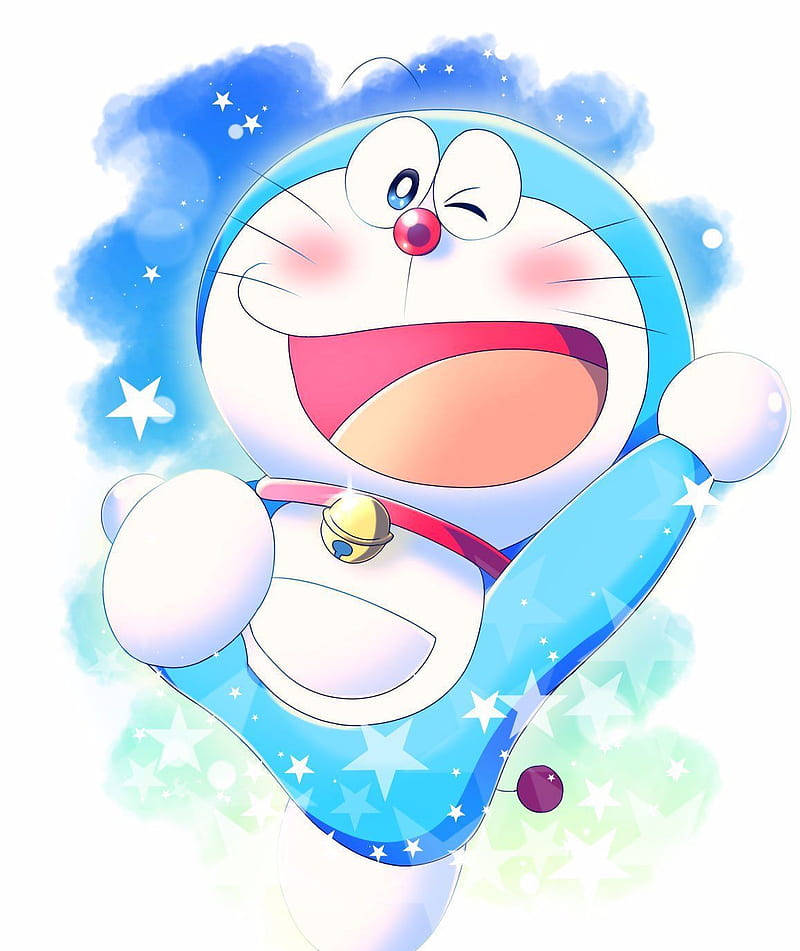 藍色機械貓多啦A夢在星星環繞下大笑。