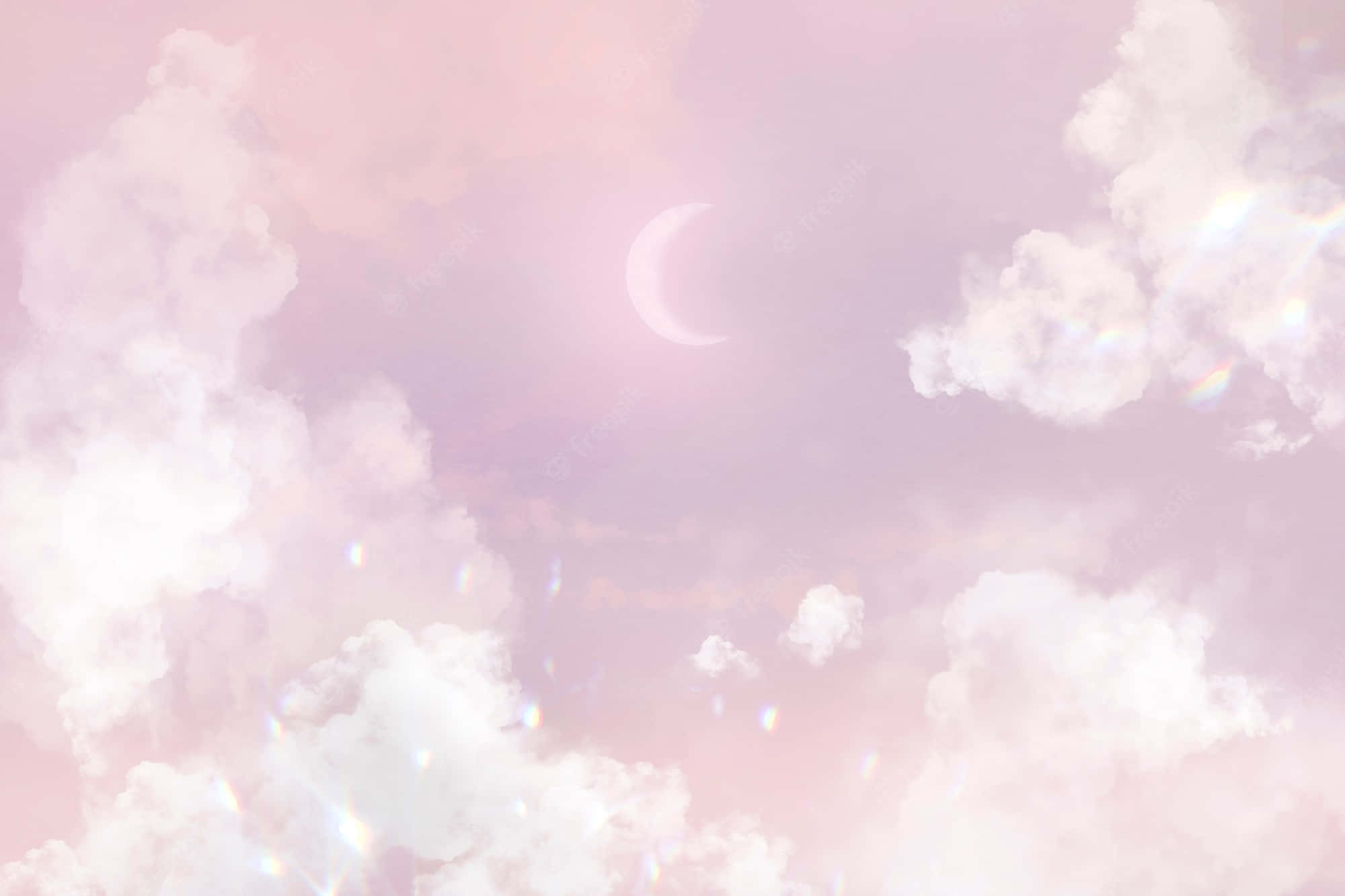 唯美雲朵 桌布 壁紙 — 夢幻嘅粉彩天空，有柔軟嘅雲同埋發出彩虹鏡頭光暈嘅新月。