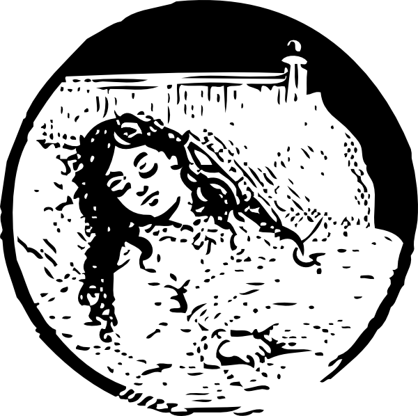 夢幻夜眠插畫 壁紙 — 一個風格化的黑白線條藝術插圖，描繪一個長髮飄逸的女孩在圓形框架內，周圍環繞著抽象圖案。