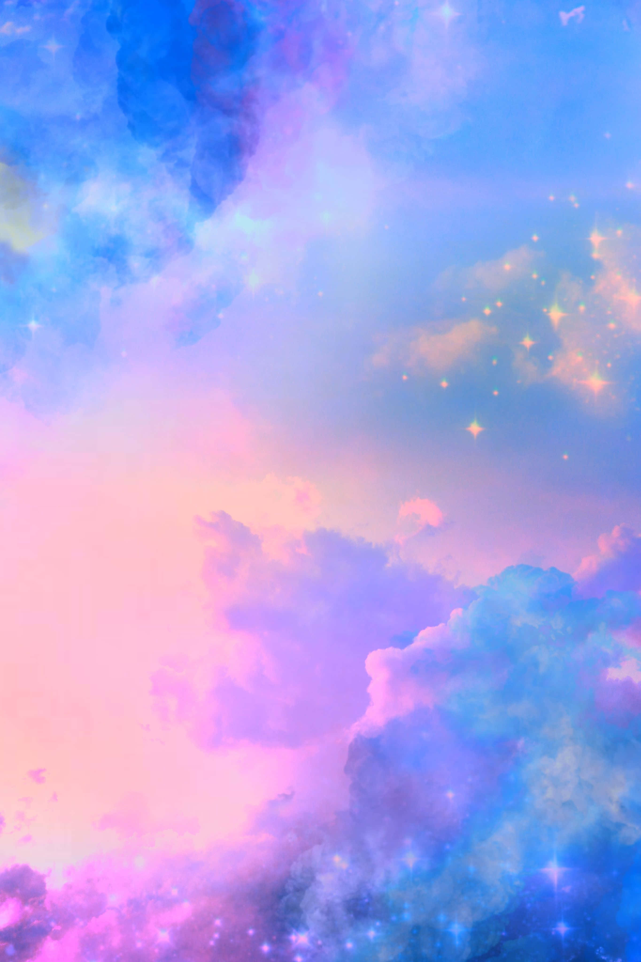 唯美雲朵 桌布 壁紙 — 夢幻天空，繪有柔和粉彩雲朵，閃耀粉紅、藍色和紫色調，點綴閃爍星星。