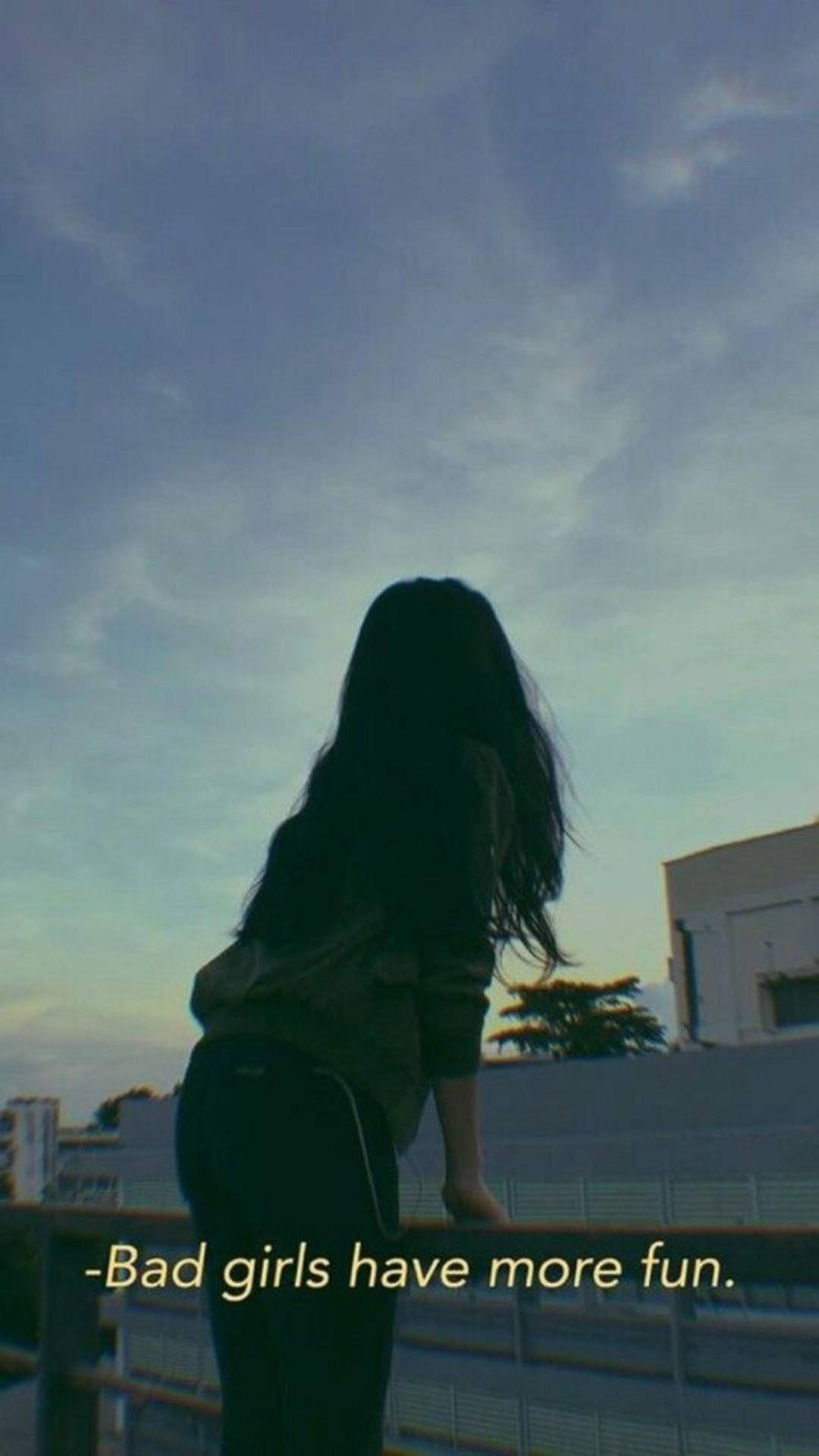 黃昏時天台上的女性剪影，附有文字 bad girls have more fun