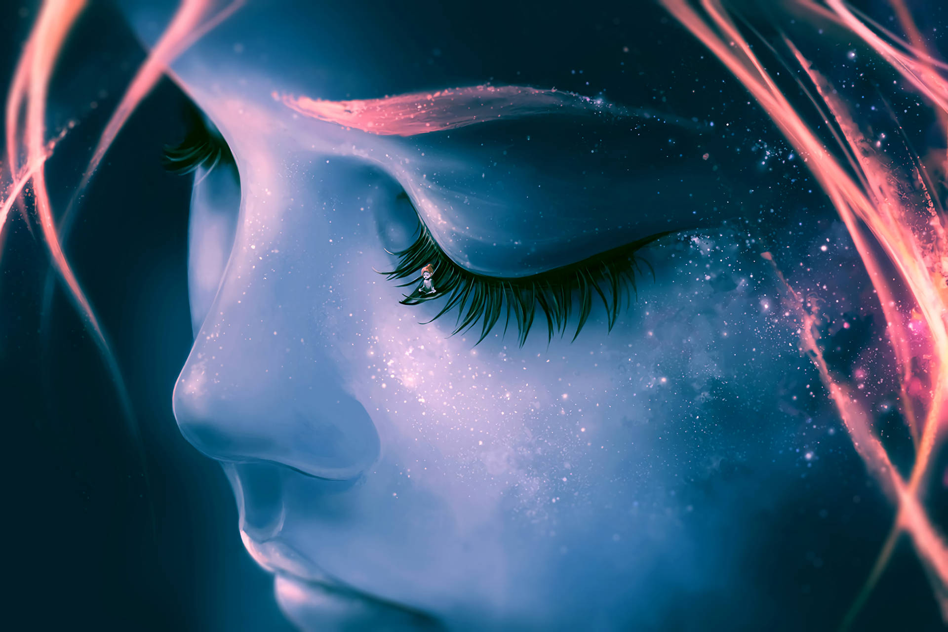 女性臉部特寫，閉上的眼睛內有星星，粉紅色頭髮發光。