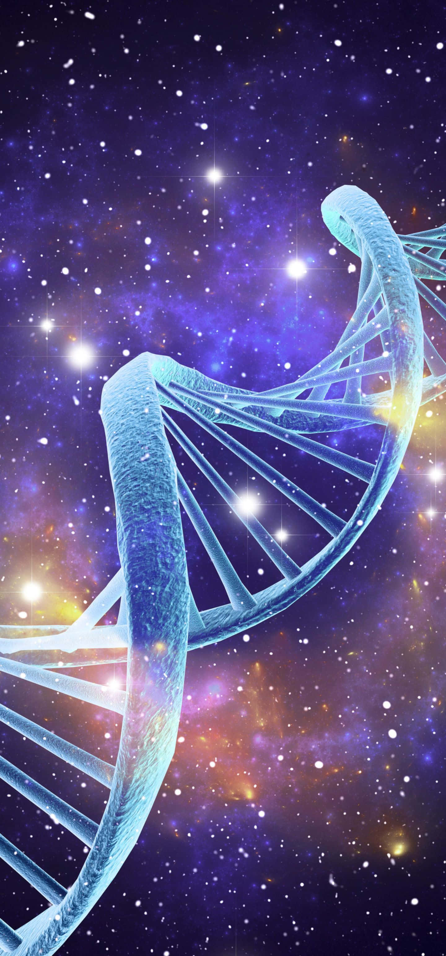 夢幻寧靜的山間湖泊景觀 壁紙 — 一條發光的藍色DNA雙螺旋在充滿星星和紫橙色雲彩的充滿活力的宇宙星雲中盤旋。