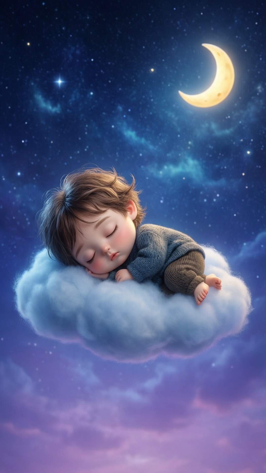 夢幻小矮人安眠 壁紙 — 一個寧靜的孩子在閃爍的彎月下，於繁星點點的夜空中的柔軟雲朵上安然入睡。