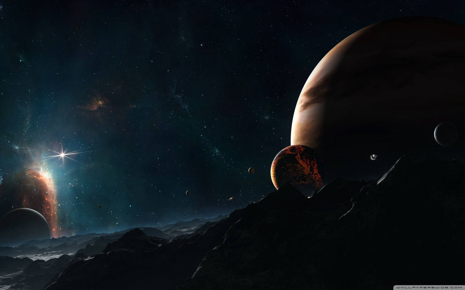 星空下的黑暗山脈、巨大行星和發光星雲。