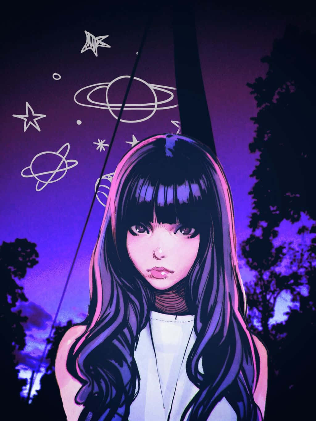 長髮動漫女孩在繁星點點的紫色天空下，漂浮著行星。