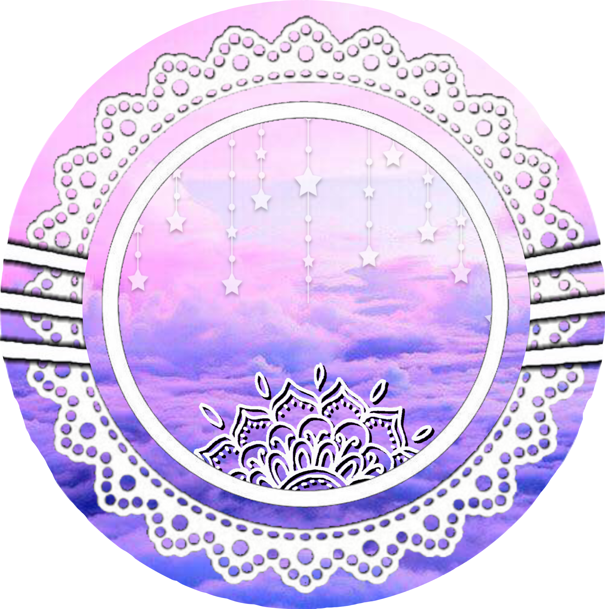 夢幻曼陀羅天空美學 壁紙 — 一個圓形蕾絲框曼陀羅，帶有懸掛的星星和紫色漸變天空背景。