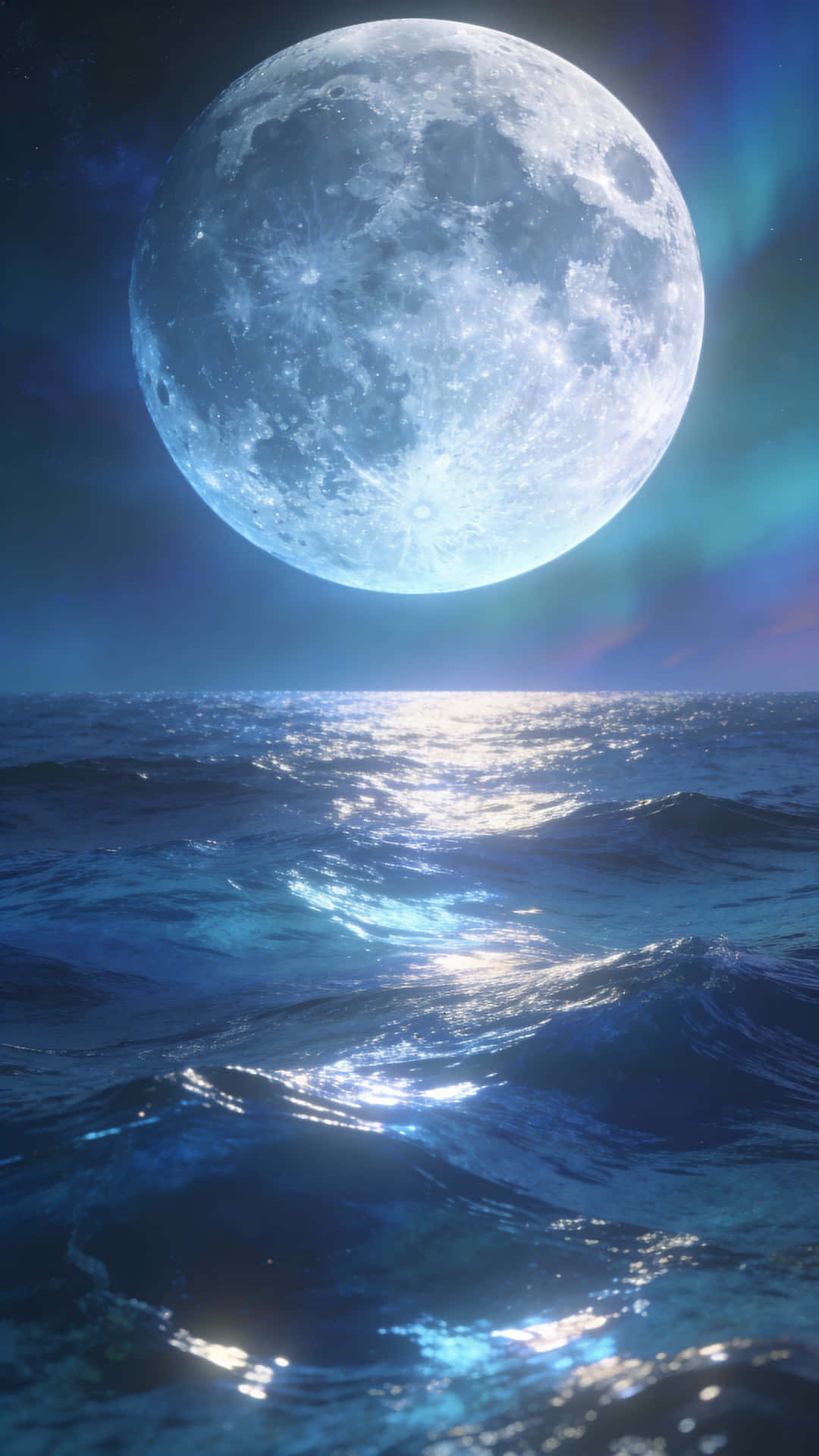 夢幻月光浮於寧靜海洋 壁紙 — 一輪巨大的發光月亮懸掛在波濤洶湧的海洋之上，下方是充滿活力的極光天空。