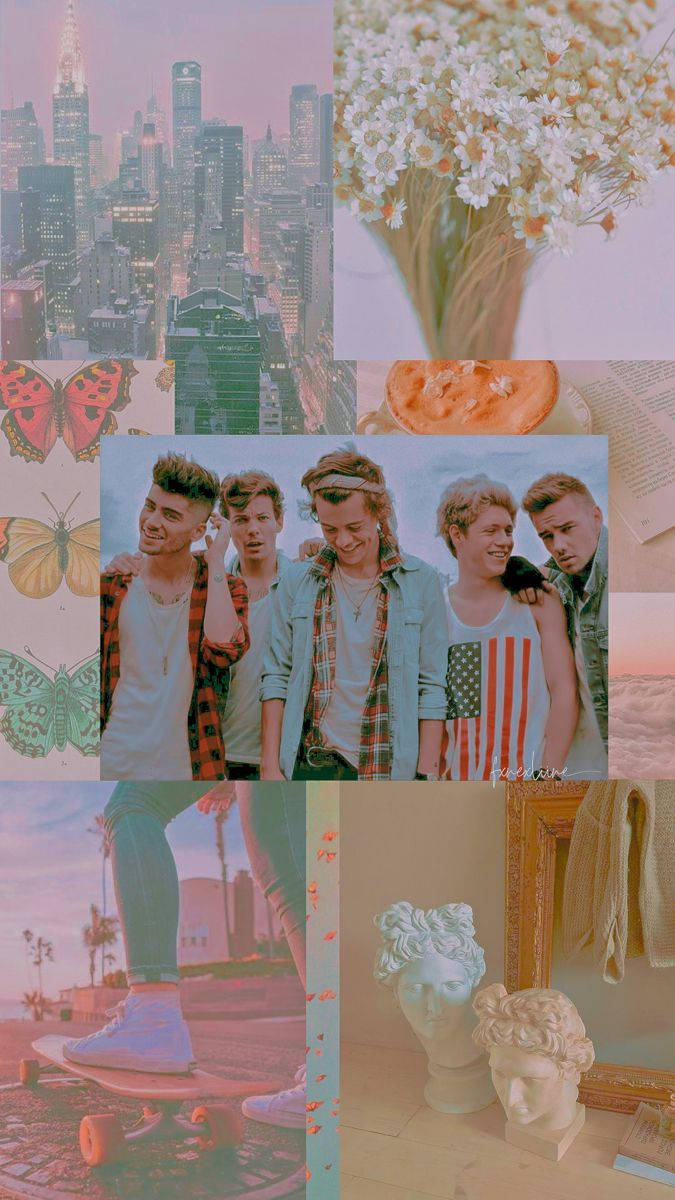 One Direction Aesthetic 桌布 壁紙 — 夢幻柔和色調拼貼畫，包含樂隊照片、城市天際線、花朵、蝴蝶和古典半身像。