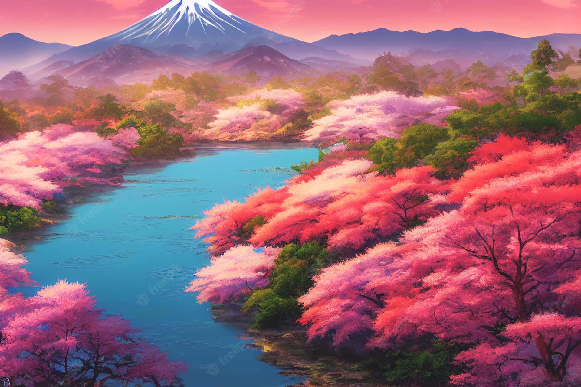 粉紅色的櫻花沿著藍色的河流排列，背景是富士山在日落時分。