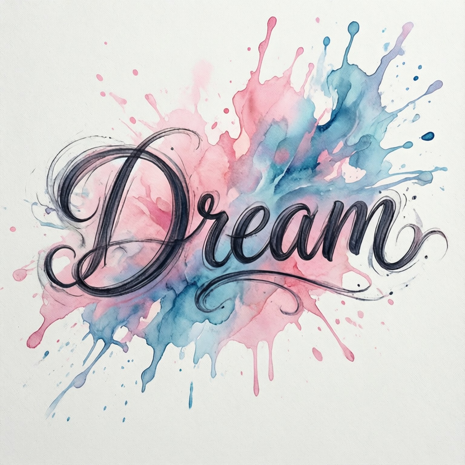 「Dream」這個詞以流暢的黑色字體書寫，周圍環繞著粉紅色和藍色的水彩潑濺。