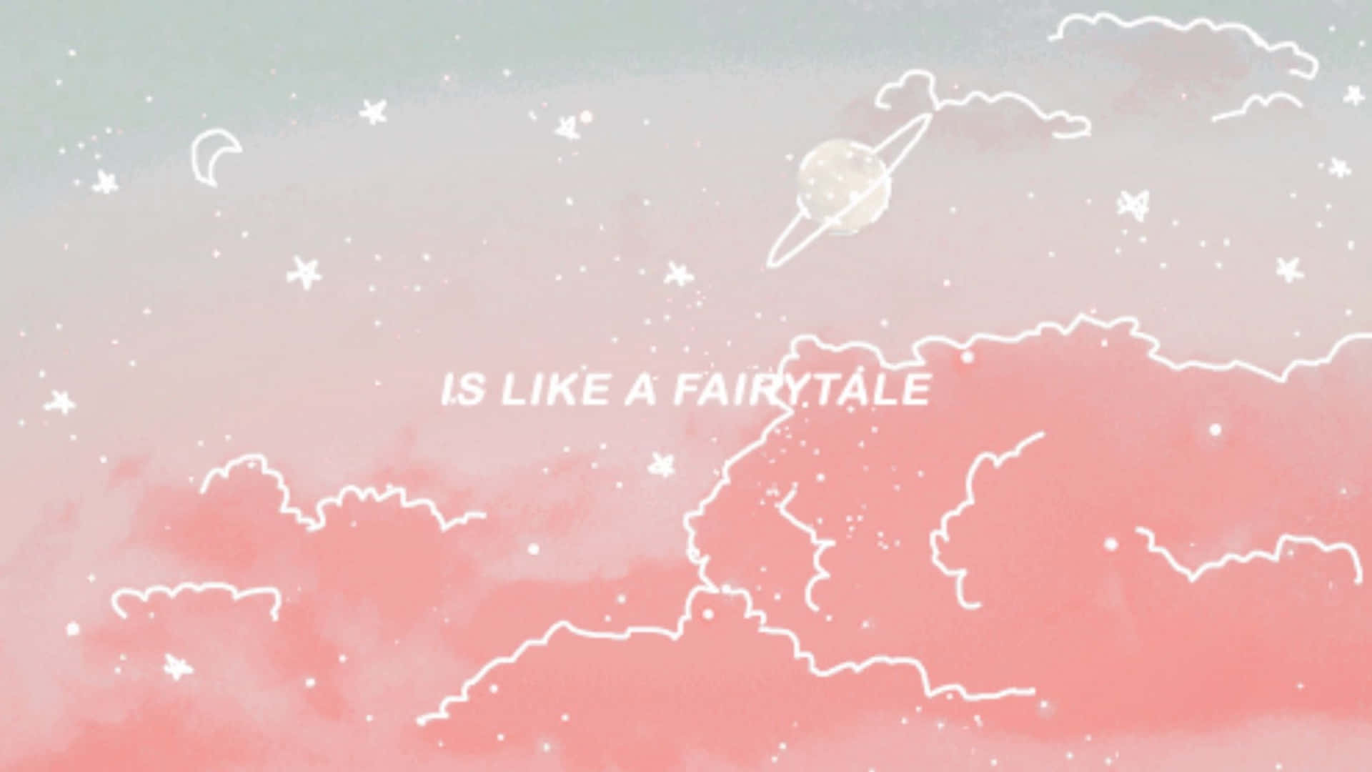 Aesthetic YouTube 桌布 壁紙 — 夢幻水彩天空，有粉紅雲朵、白色星星和漂浮在文字上方的行星，就像童話故事一樣。