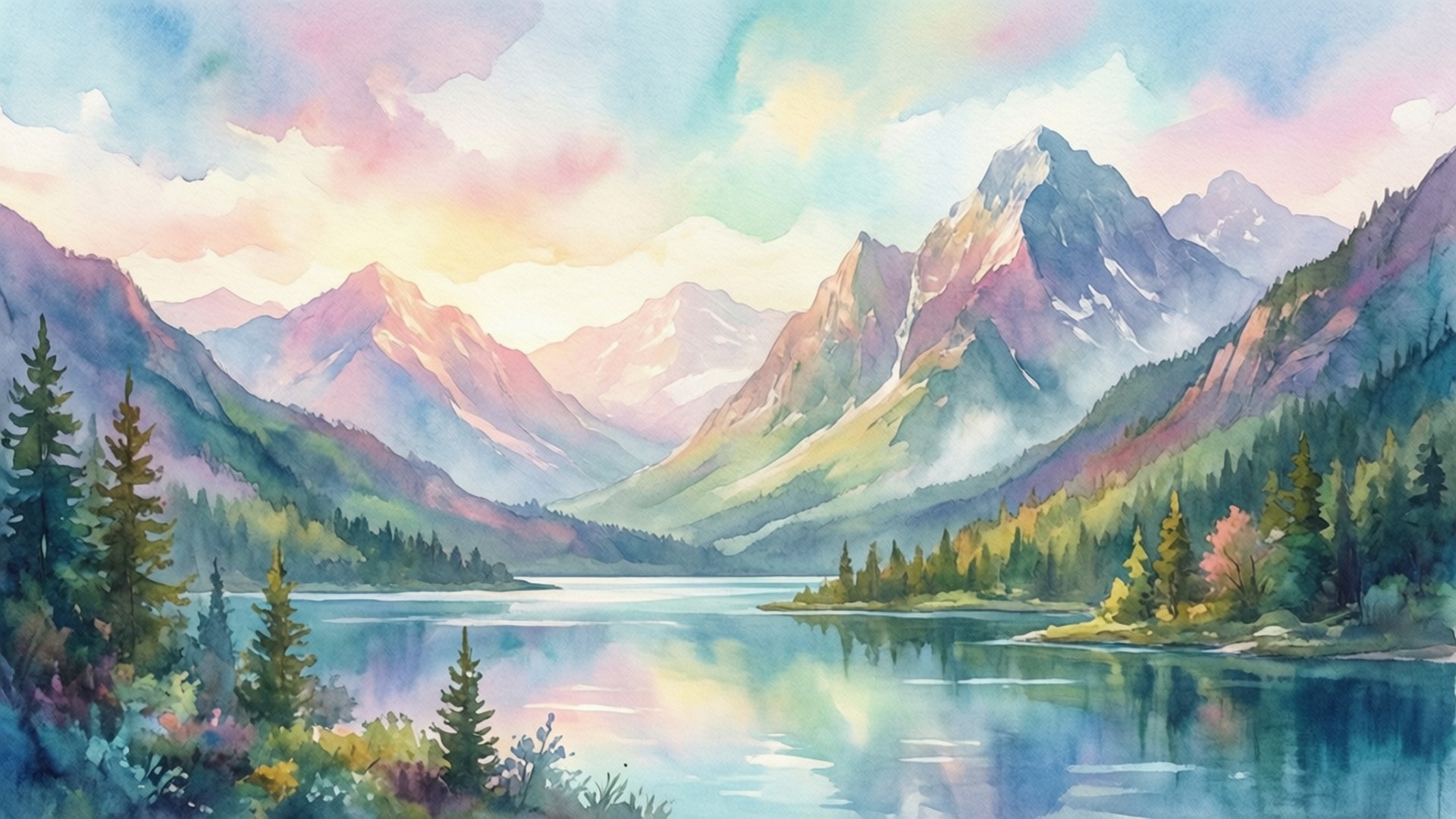 夢幻水彩山景 壁紙 — 寧靜的水彩風景畫展現了一個平靜的湖泊，倒映著柔和天空下的粉彩山脈和常綠森林。