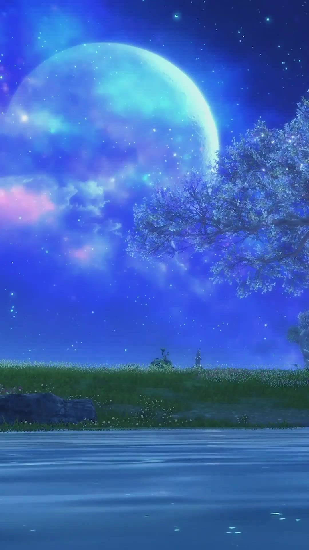 夢幻滿月 iPhone 動態壁紙 壁紙 — 寧靜的夜晚場景，一輪巨大的發光月亮懸在平靜的湖面上，一棵開花的樹在星空下。