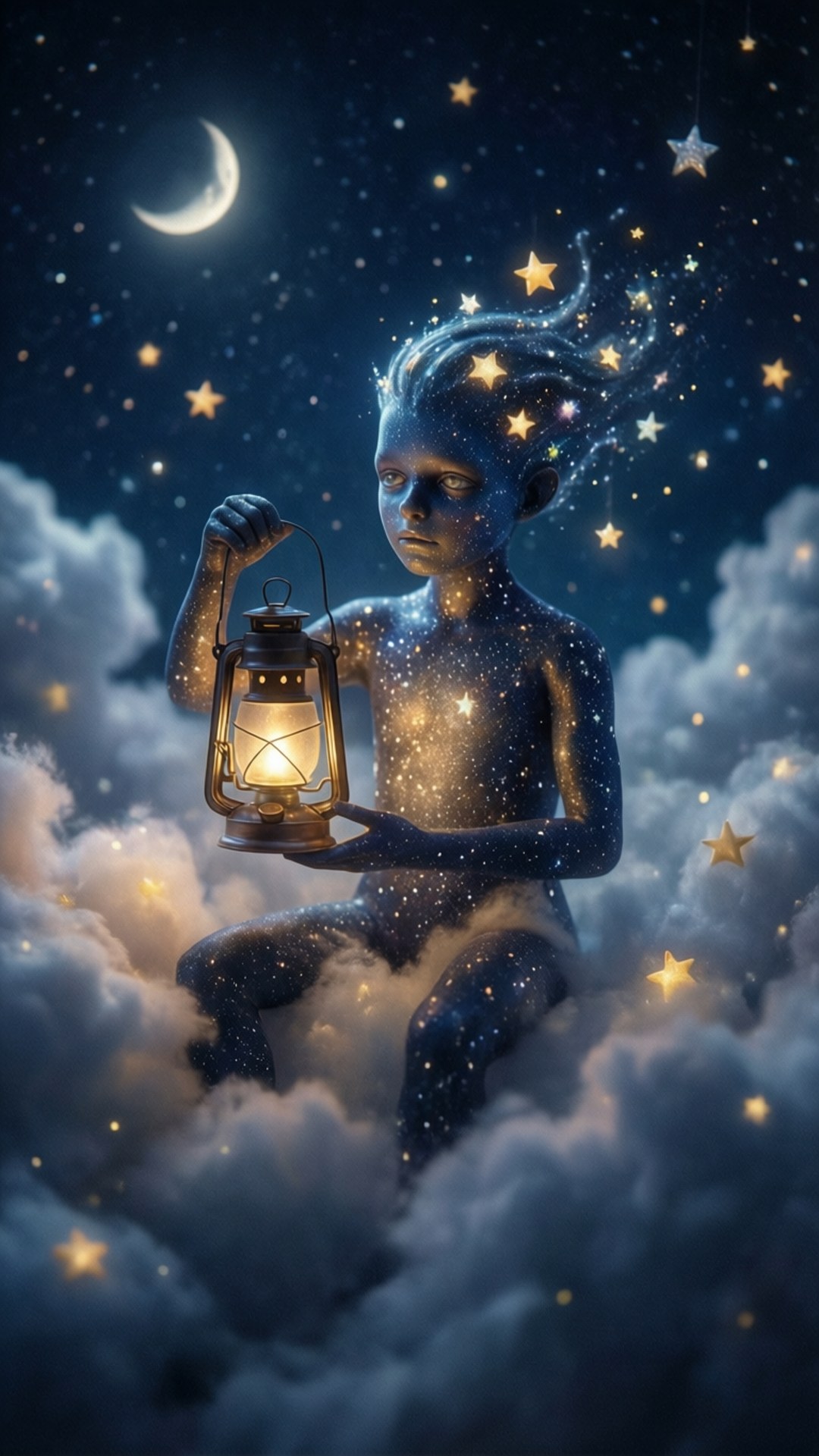 星星頭髮的孩子在月光下的雲中拿著燈籠
