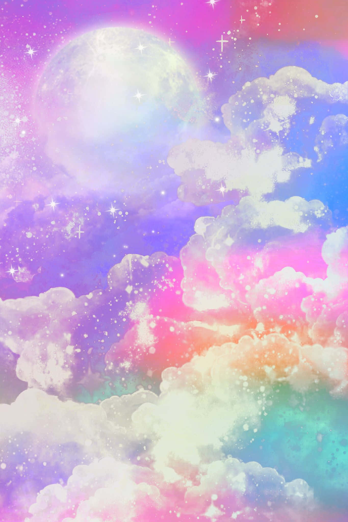 Kawaii Galaxy 桌布 壁紙 — 夢幻的粉彩天空，充滿蓬鬆的雲朵，在粉紅、紫色和藍色調中發光，柔和的月亮下環繞著閃爍的星星。