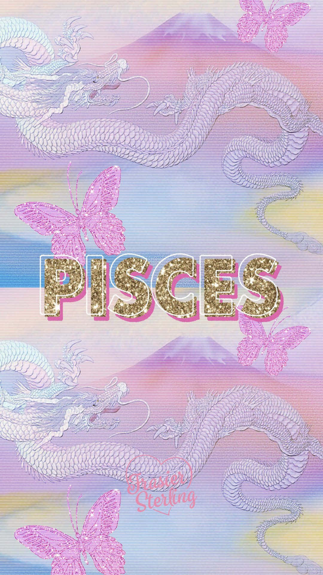 雙魚座 桌布 壁紙 — 夢幻的粉彩漸變壁紙，帶有閃閃發光的雙魚座文字，兩側是銀色龍和粉紅色蝴蝶，背景是柔和的天空。