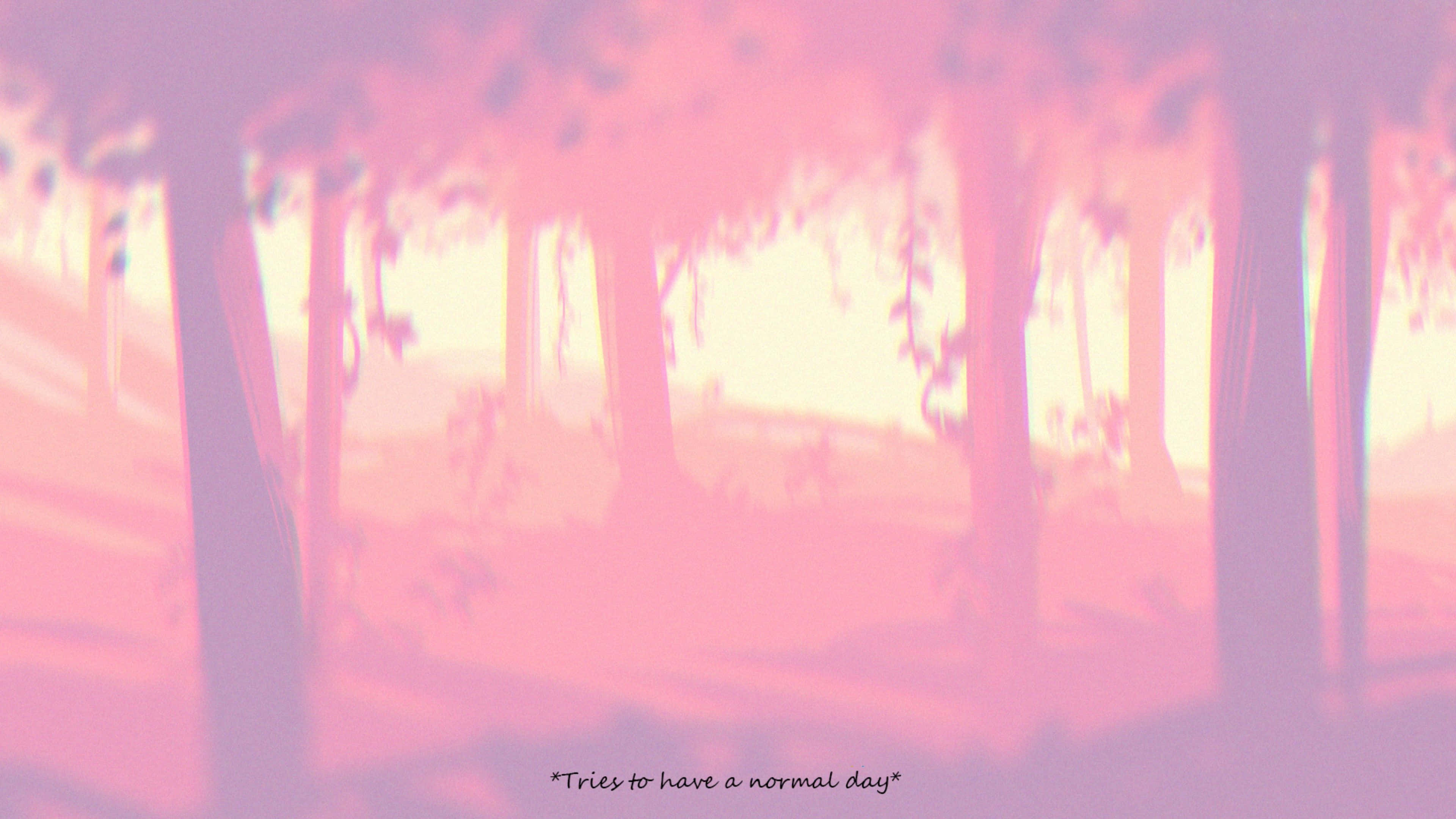 Aesthetic Pink Anime 桌布 壁紙 — 夢幻的粉紅和紫色森林場景，柔和的光芒穿過模糊的樹木。
