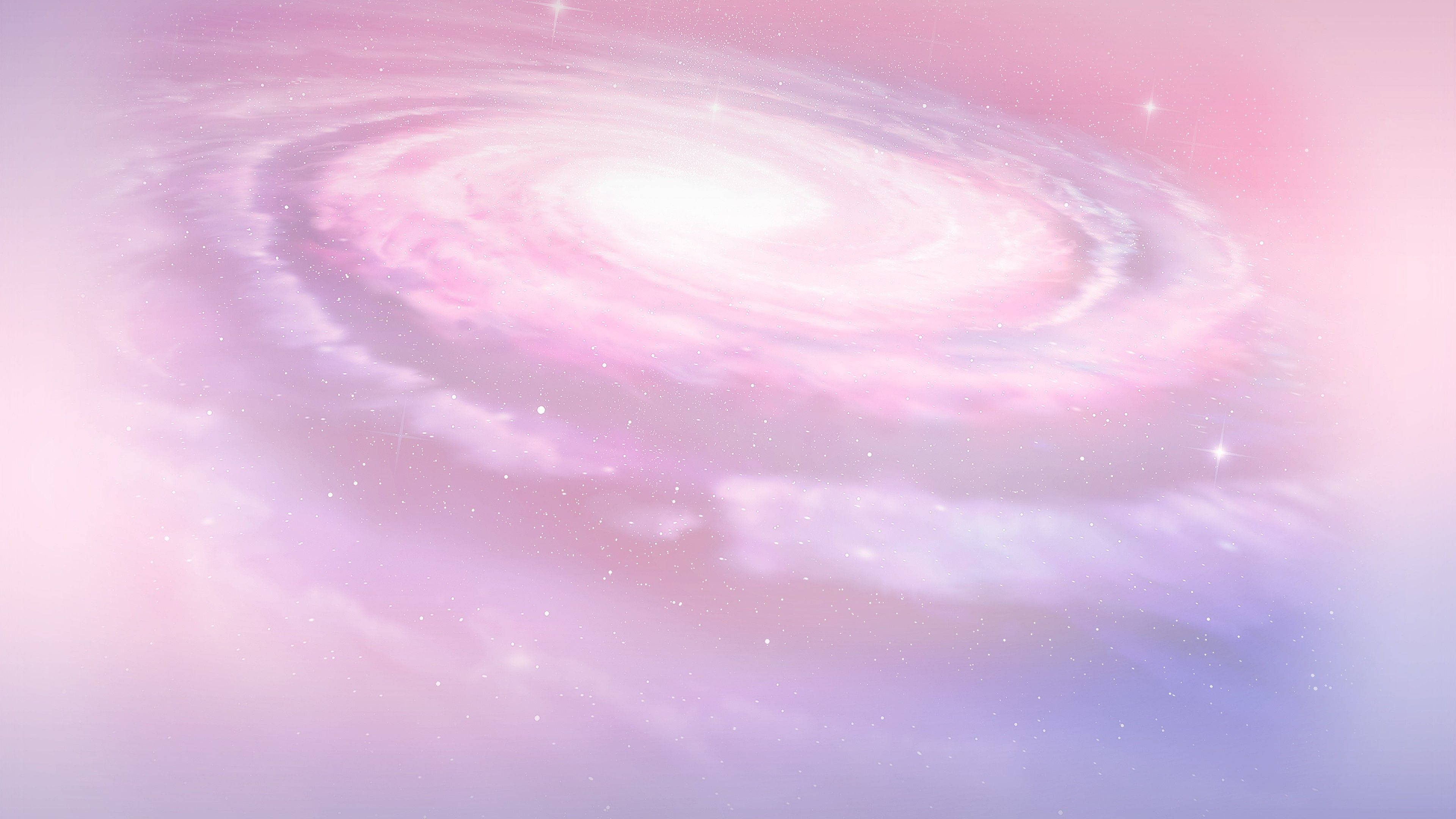 銀河 桌布 壁紙 — 夢幻的粉紅和紫色螺旋星系在柔和的宇宙背景下旋轉，閃爍著發光的星星。