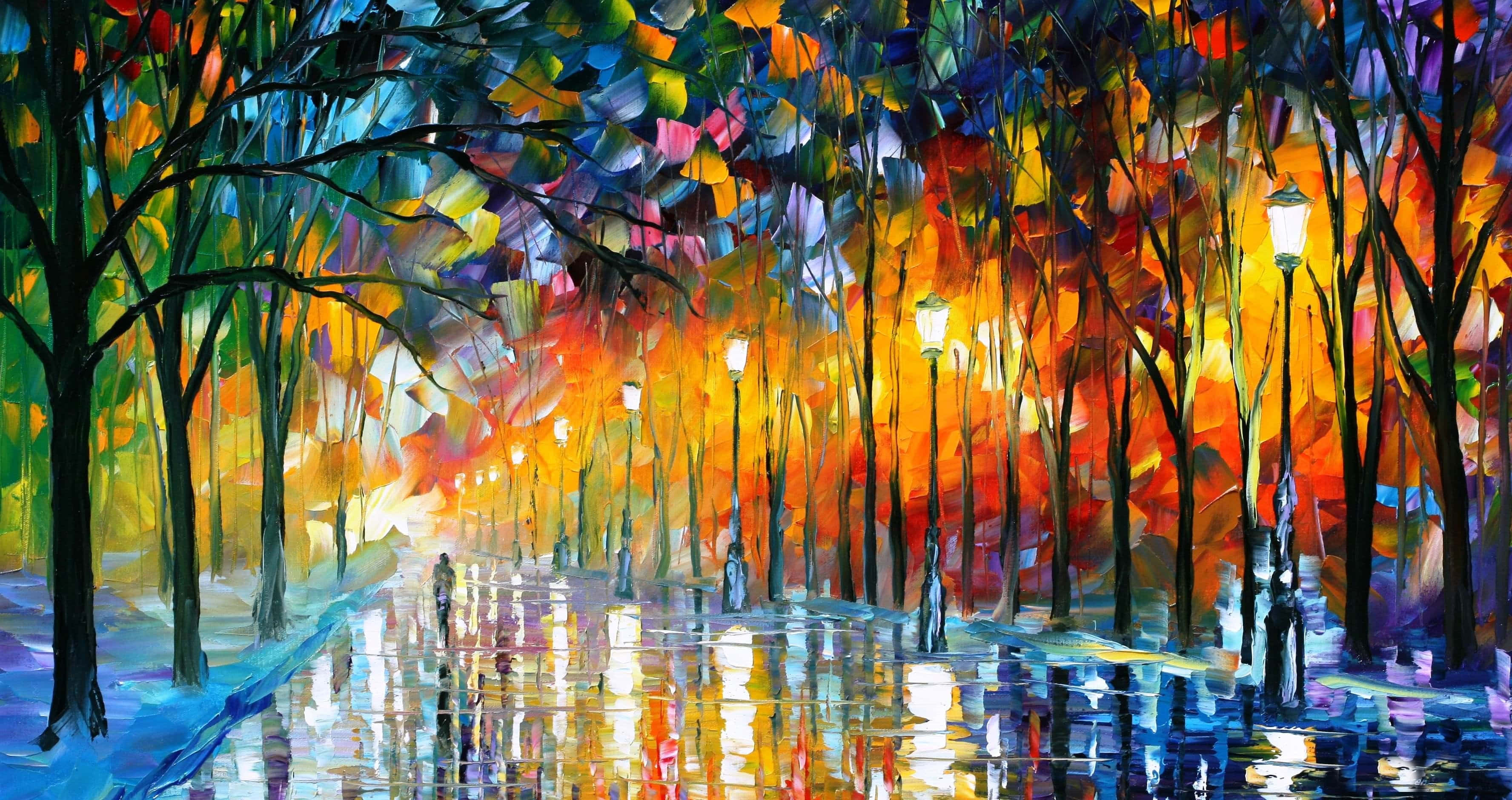 夢幻的繪畫風景 壁紙 — 一幅充滿活力的抽象畫，描繪雨天的街道，兩旁樹木在水坑中反射出五彩繽紛的燈光。