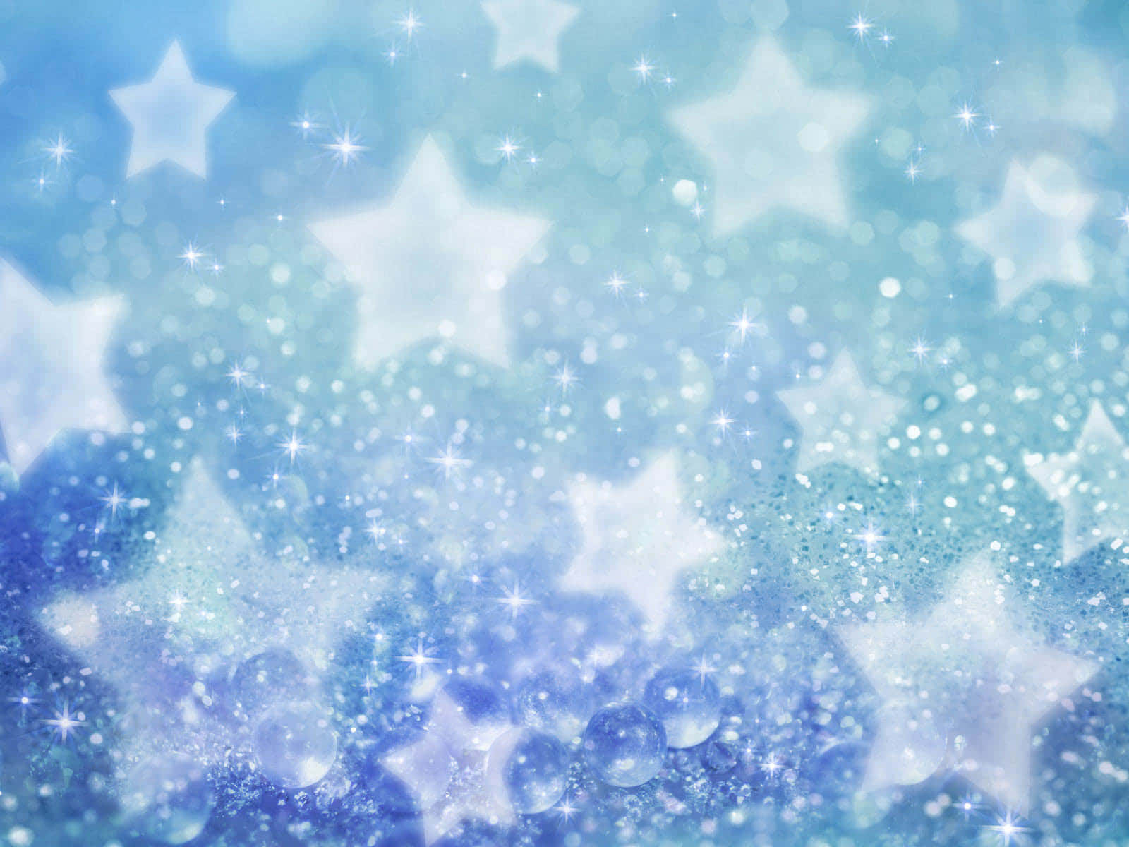 3d Star 桌布 壁紙 — 夢幻的藍色漸變背景，點綴著發光的白色星星和閃爍的散景效果。