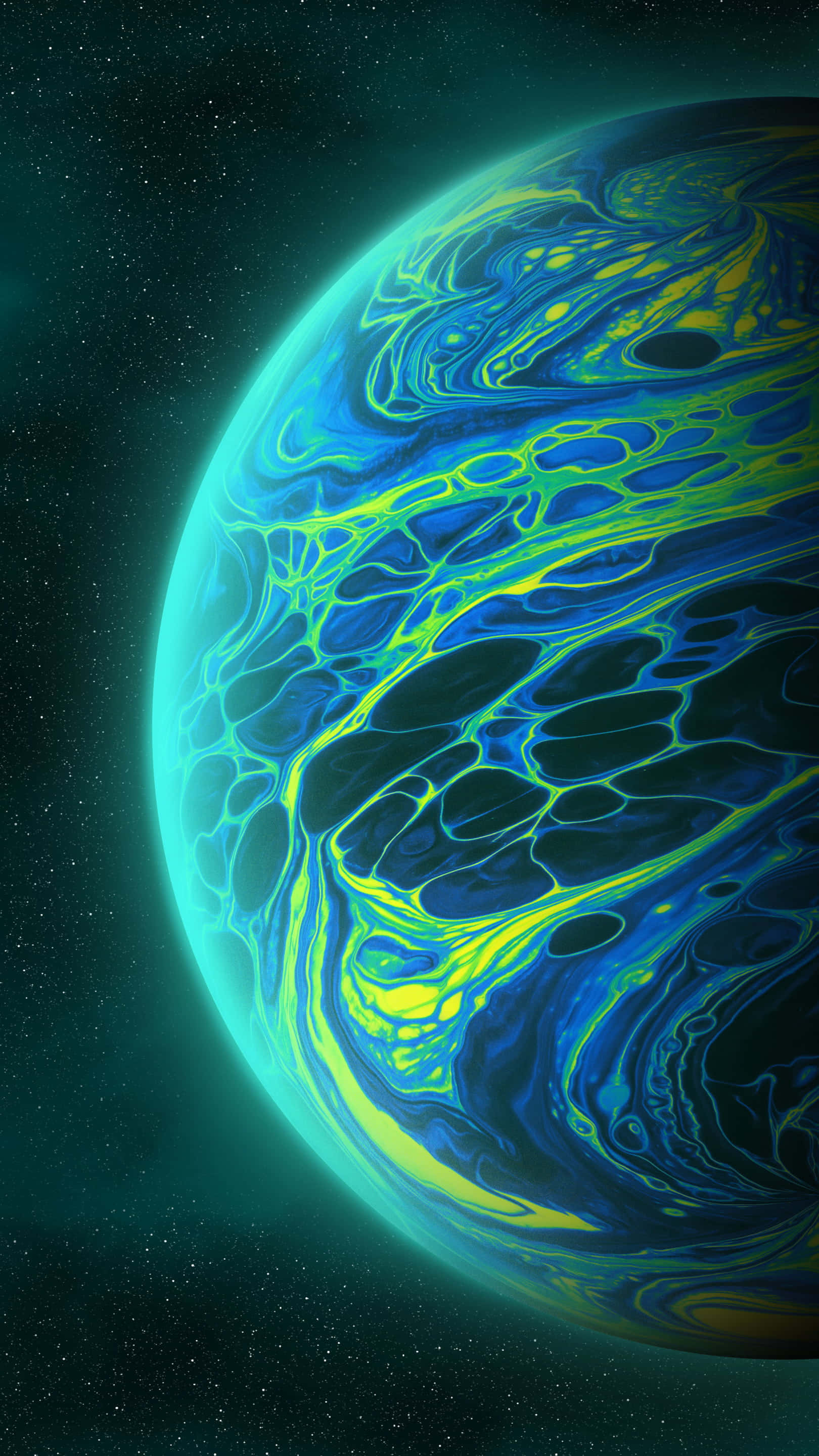 夢幻的逃逸之旅 壁紙 — 一顆充滿活力的藍色和霓虹黃色旋轉行星漂浮在星光宇宙虛空中，帶有發光的大氣圖案。