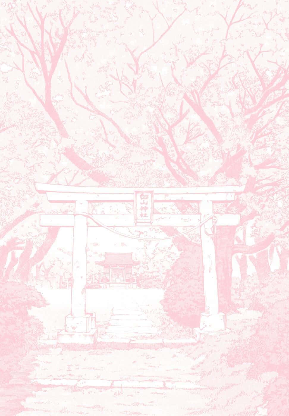 夢幻粉嫩系動漫風 壁紙 — 一幅寧靜的粉紅色調插圖，描繪了傳統日本鳥居被櫻花樹環繞的景象。