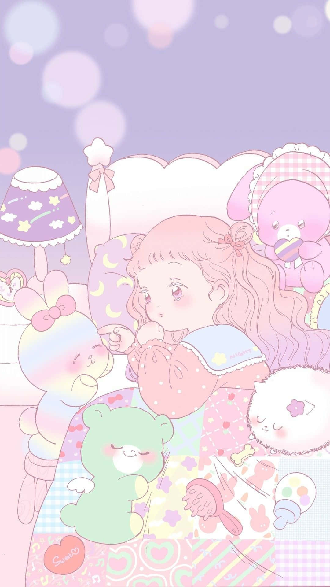 夢幻粉嫩系美學，帶有魔法動漫風 壁紙 — 一位粉紅色頭髮的粉彩動畫女孩在床上休息，周圍是可愛的毛絨玩具和柔和的光芒。