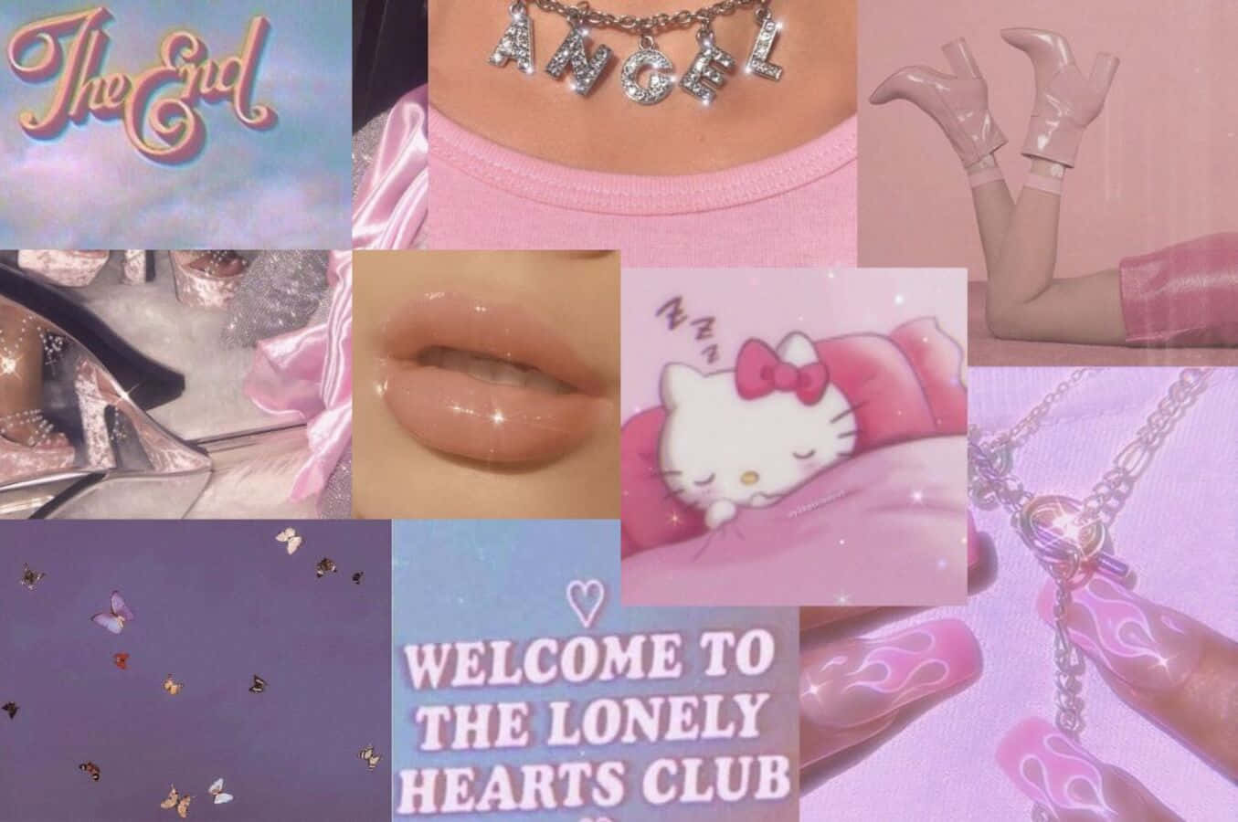Baddie Vintage 90's Aesthetic 桌布 壁紙 — 夢幻粉紅拼貼，包含閃亮天使項鍊、嘴唇、Hello Kitty 和高跟鞋，並有文字疊加。