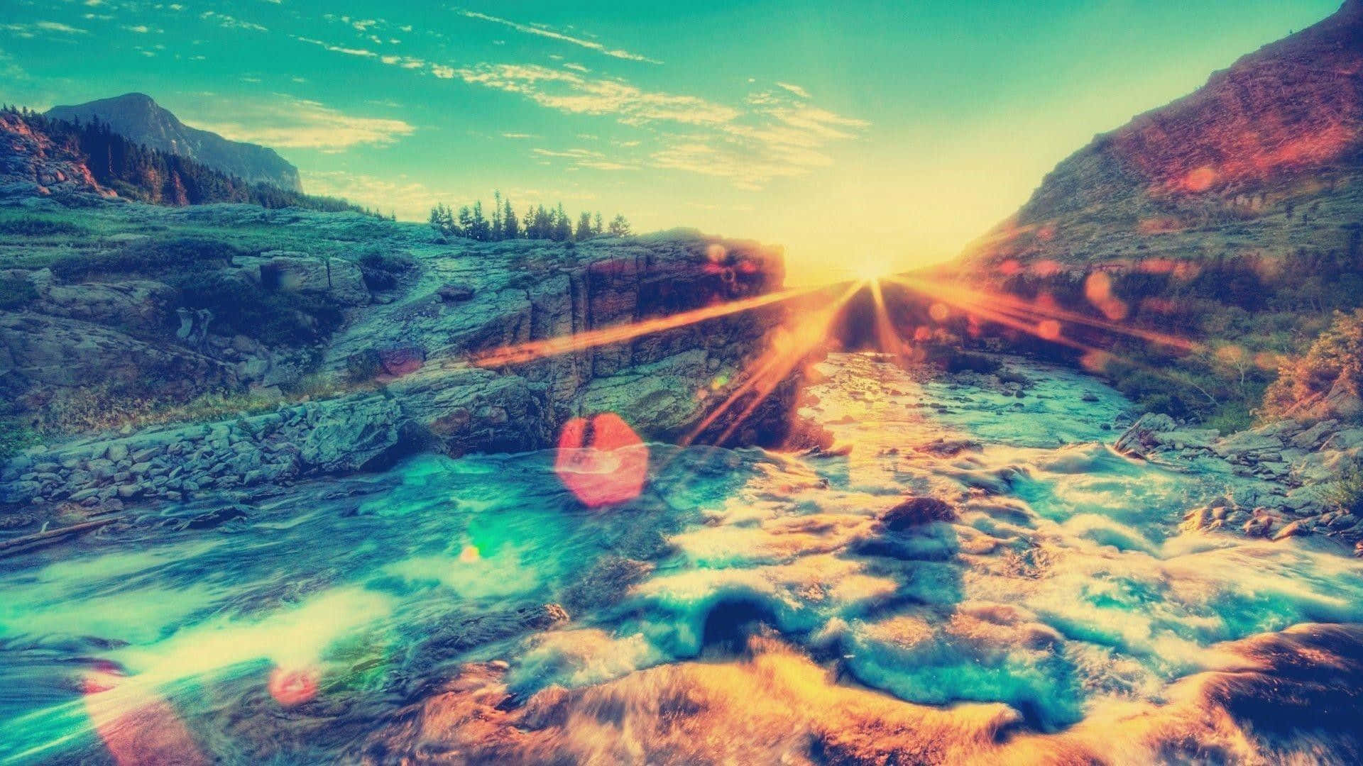 夢幻粉紅色的繁茂自然風景 壁紙 — 陽光穿過岩石峽谷散發出金色光芒，下方有藍綠色的河流流過，天空充滿鮮豔的超現實色彩。