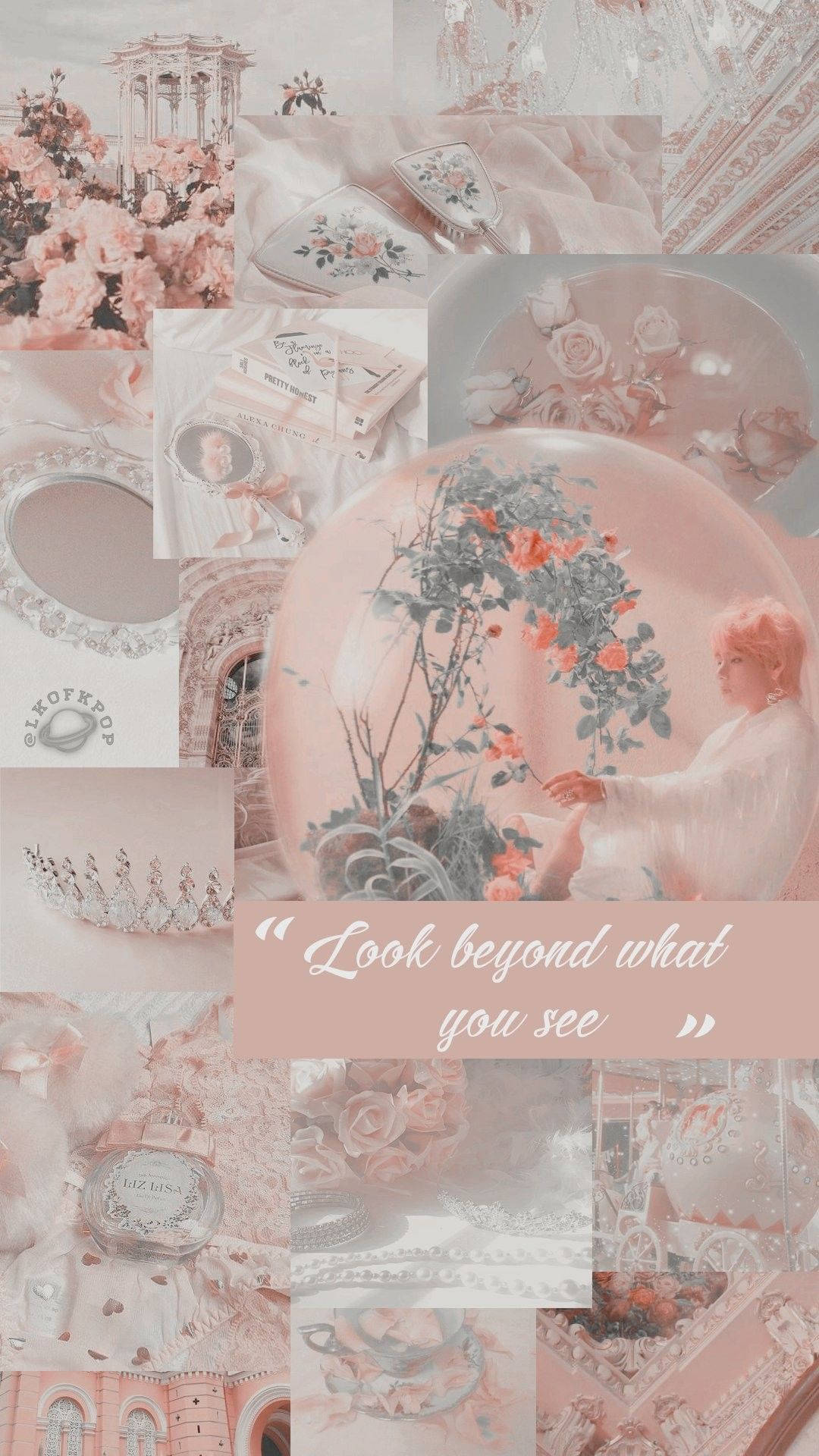 Pinterest Aesthetic 桌布 壁紙 — 夢幻粉紅色調拼貼畫， featuring 玫瑰、復古鏡子和玻璃球中的女性，周圍環繞著花卉圖案。